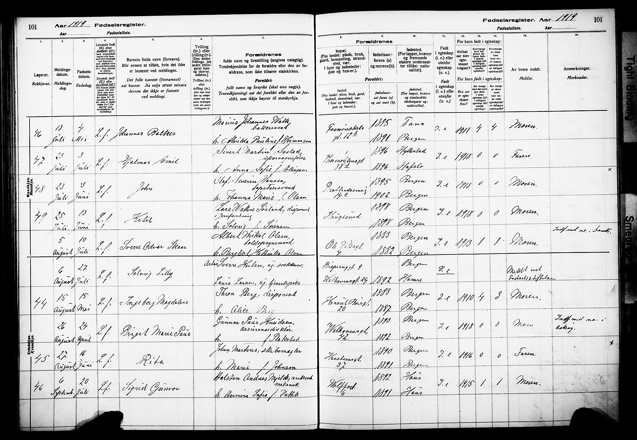 Johanneskirken sokneprestembete, AV/SAB-A-76001/I/Id/L00A1: Birth register no. A 1, 1916-1924, p. 101