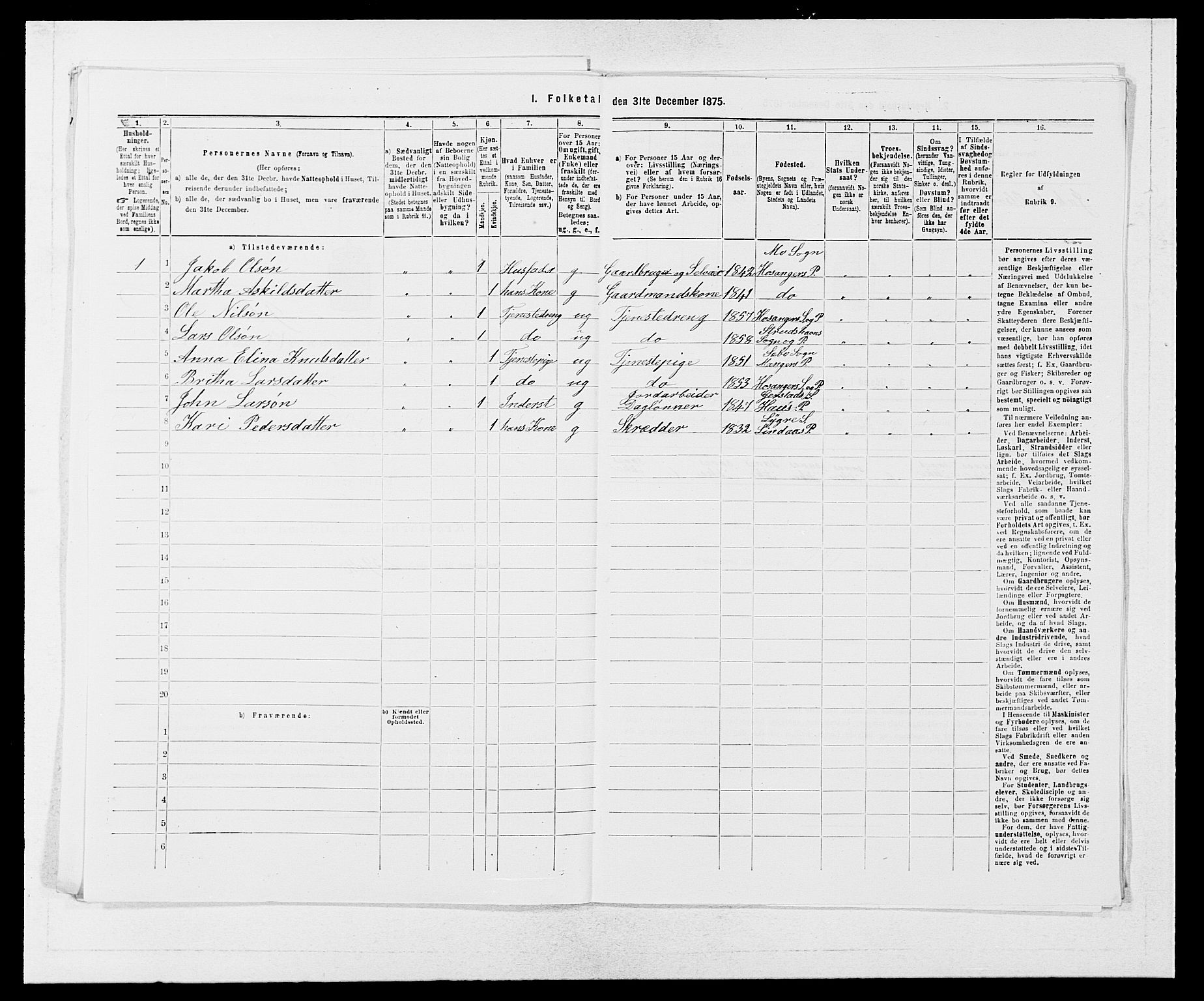 SAB, 1875 census for 1253P Hosanger, 1875, p. 692