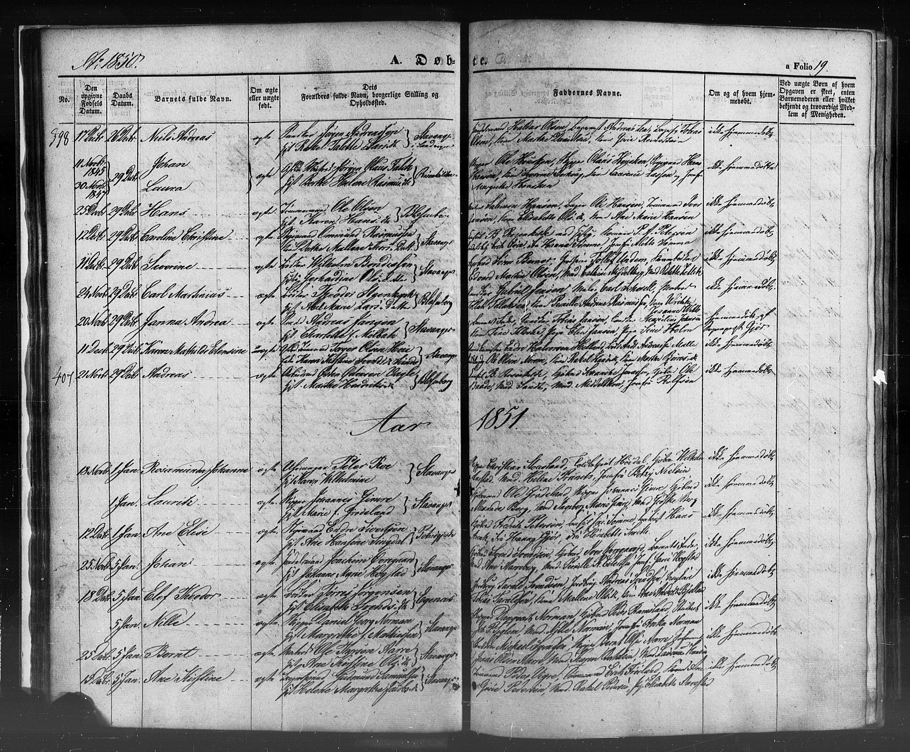 Domkirken sokneprestkontor, SAST/A-101812/001/30/30BB/L0009: Parish register (copy) no. B 9, 1850-1858, p. 19