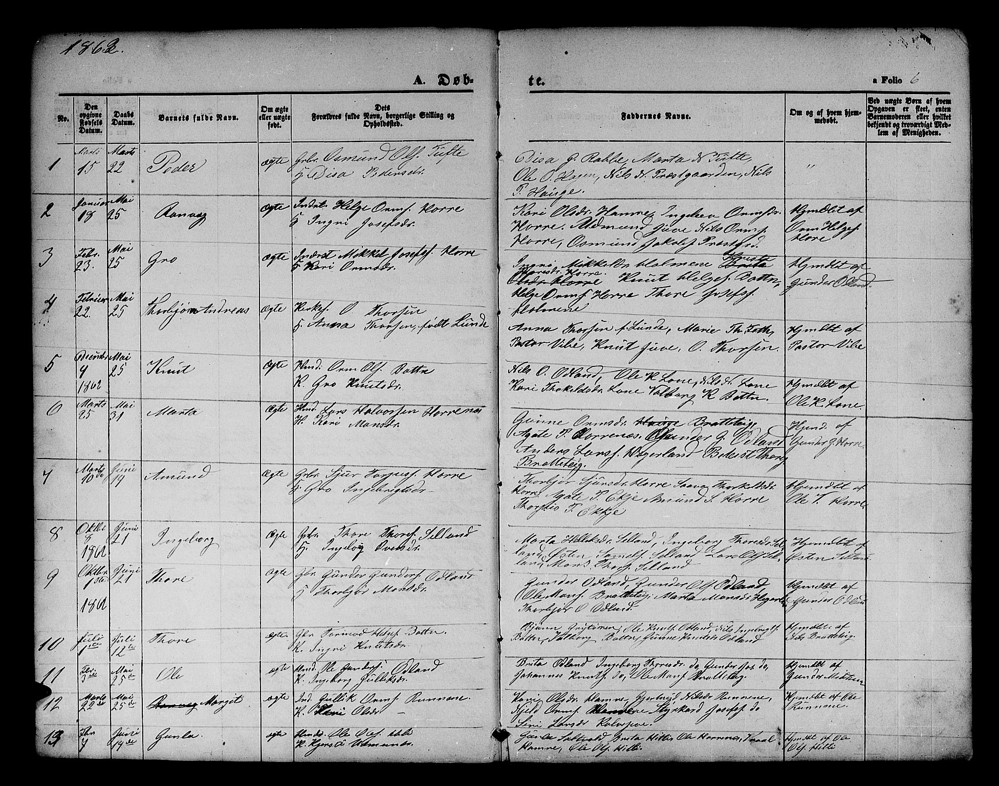 Røldal sokneprestembete, SAB/A-100247: Parish register (copy) no. A 2, 1861-1886, p. 6