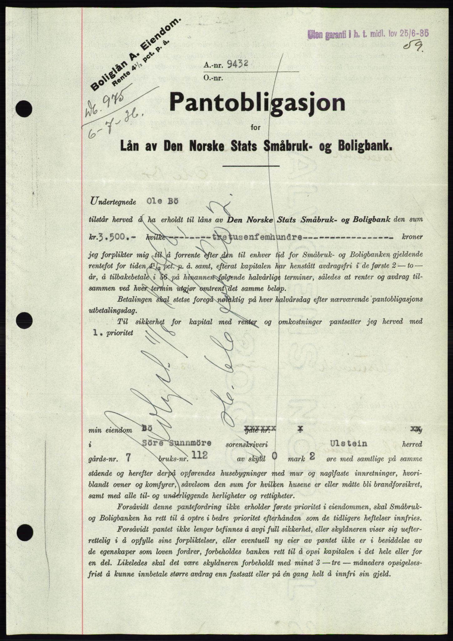 Søre Sunnmøre sorenskriveri, AV/SAT-A-4122/1/2/2C/L0061: Mortgage book no. 55, 1936-1936, Diary no: : 975/1936