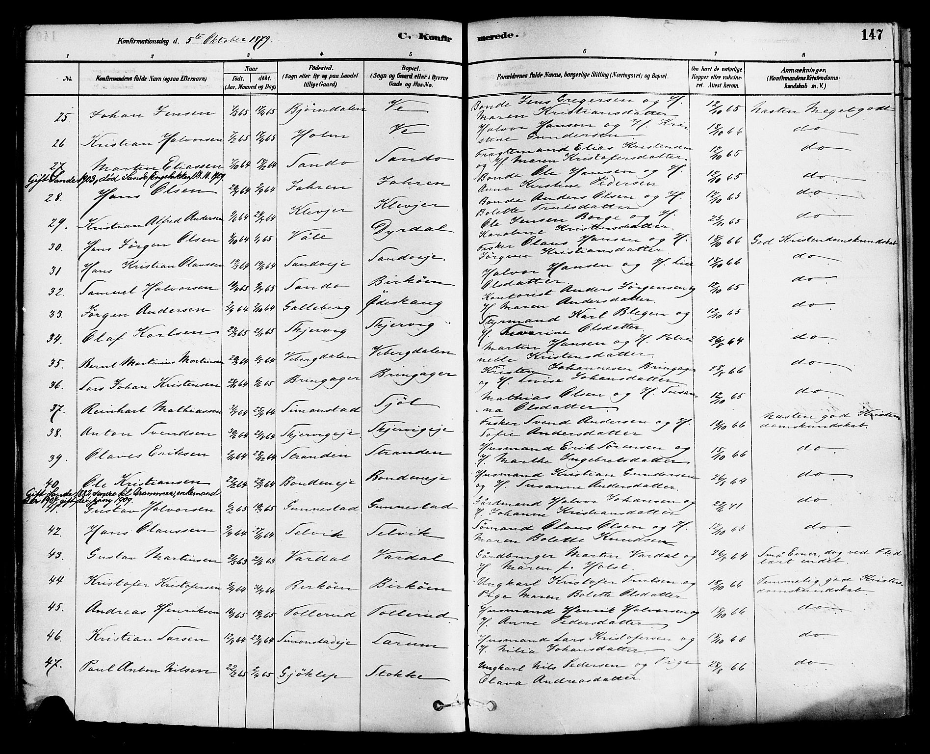 Sande Kirkebøker, SAKO/A-53/F/Fa/L0006: Parish register (official) no. 6, 1878-1888, p. 147