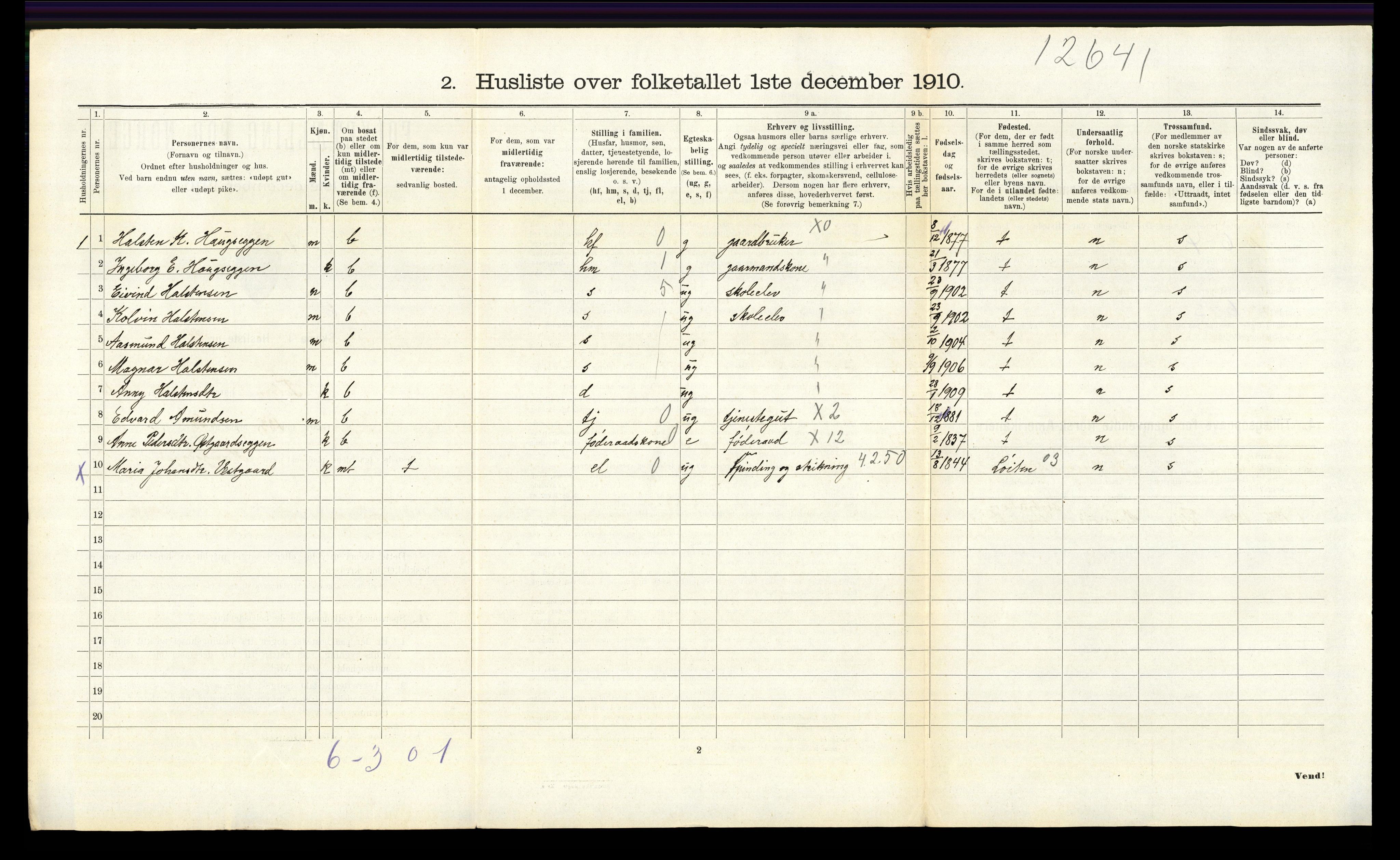 RA, 1910 census for Tolga, 1910, p. 1169