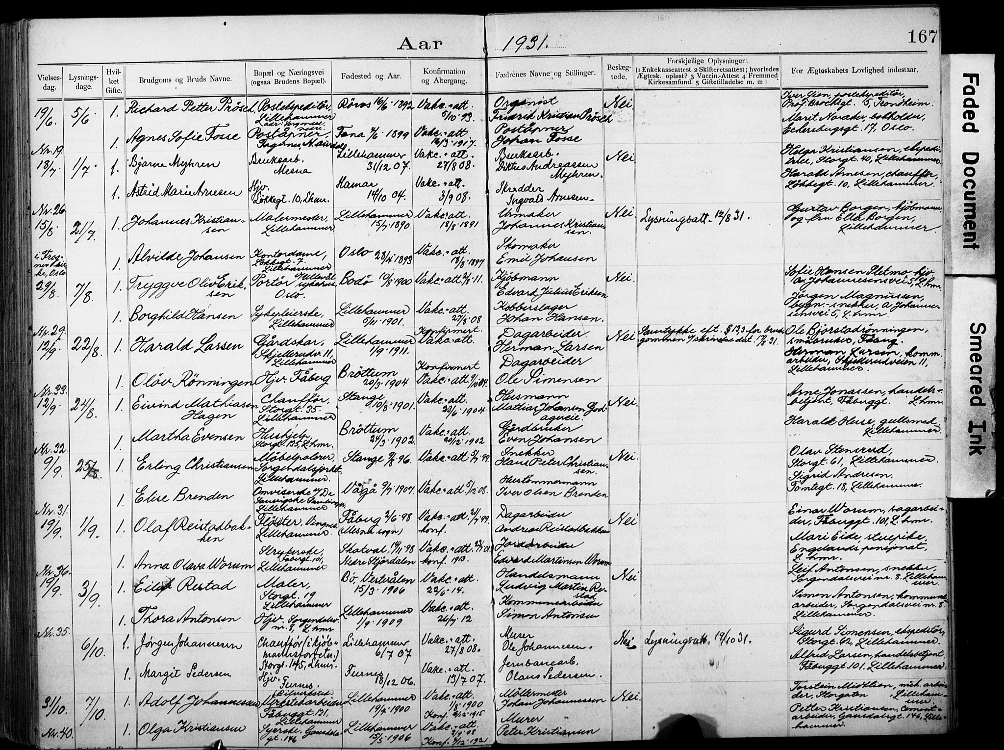Lillehammer prestekontor, AV/SAH-PREST-088/I/Ie: Banns register no. 1, 1903-1932, p. 167