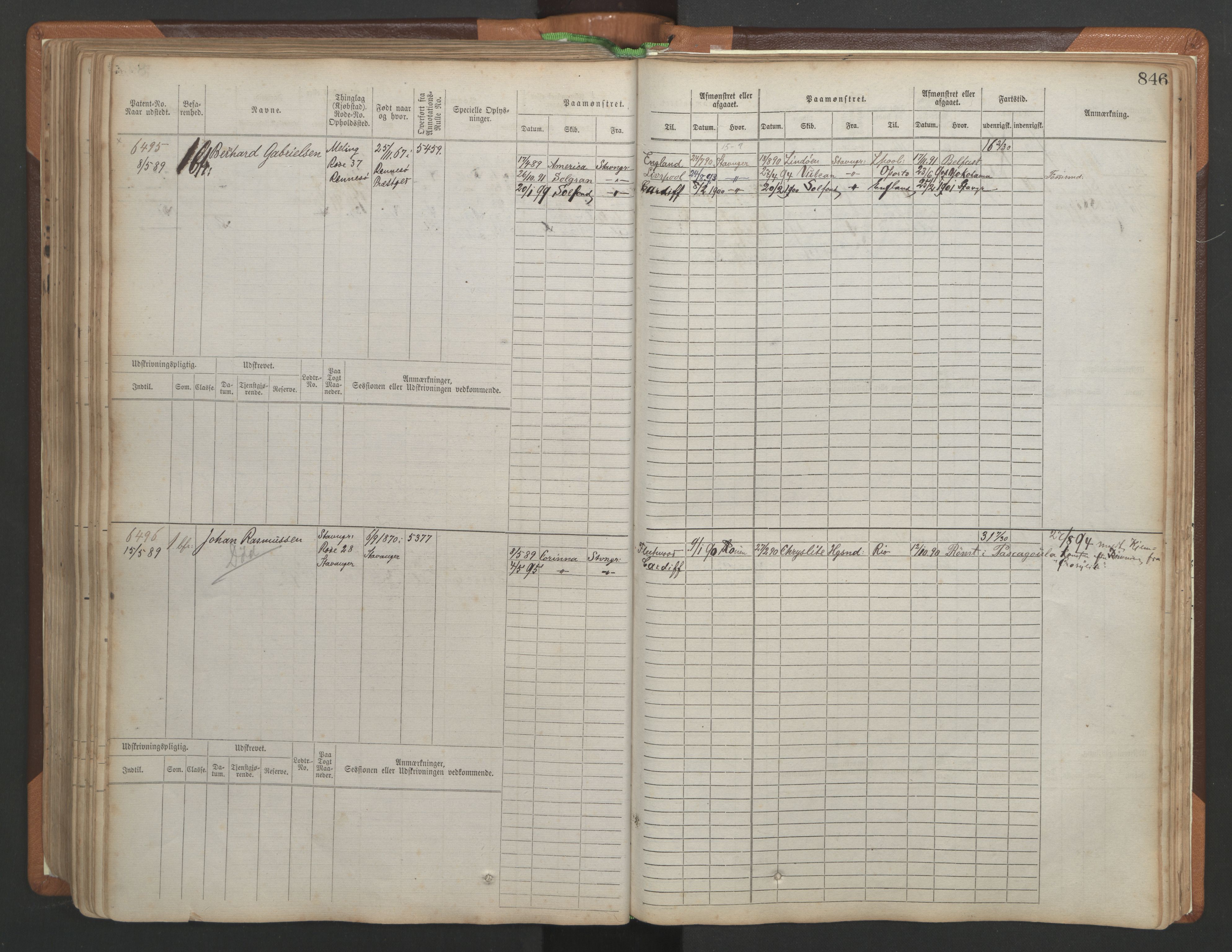 Stavanger sjømannskontor, AV/SAST-A-102006/F/Fb/Fbb/L0010: Sjøfartshovedrulle, patentnr. 6007-6606 (del 1), 1887-1896, p. 250