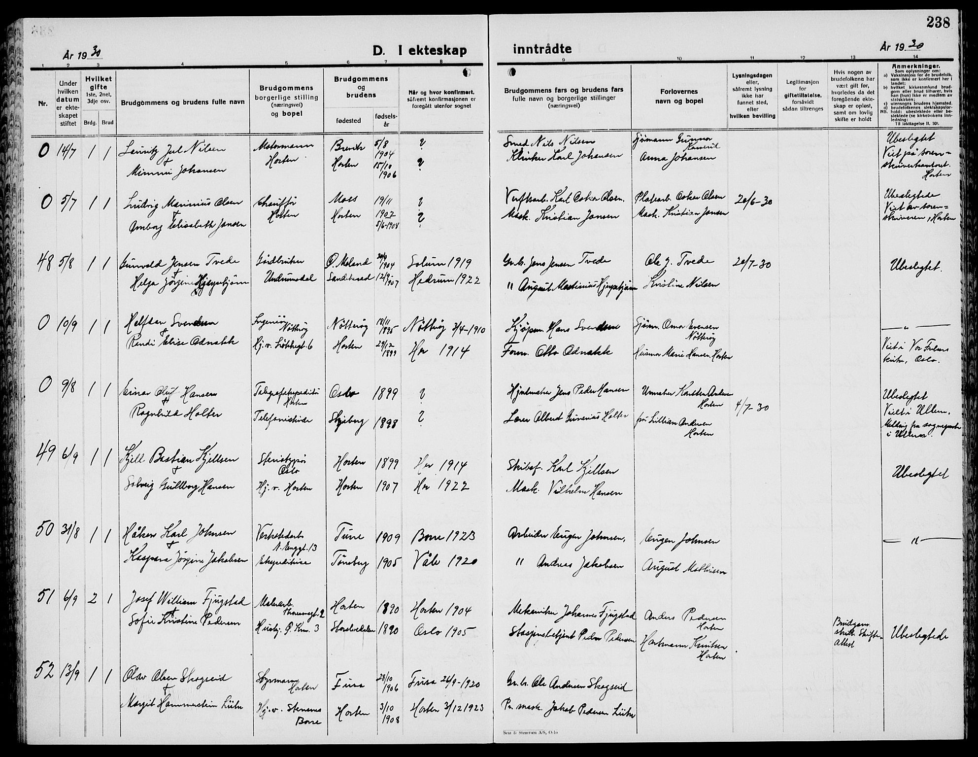 Horten kirkebøker, AV/SAKO-A-348/G/Ga/L0009: Parish register (copy) no. 9, 1926-1936, p. 238