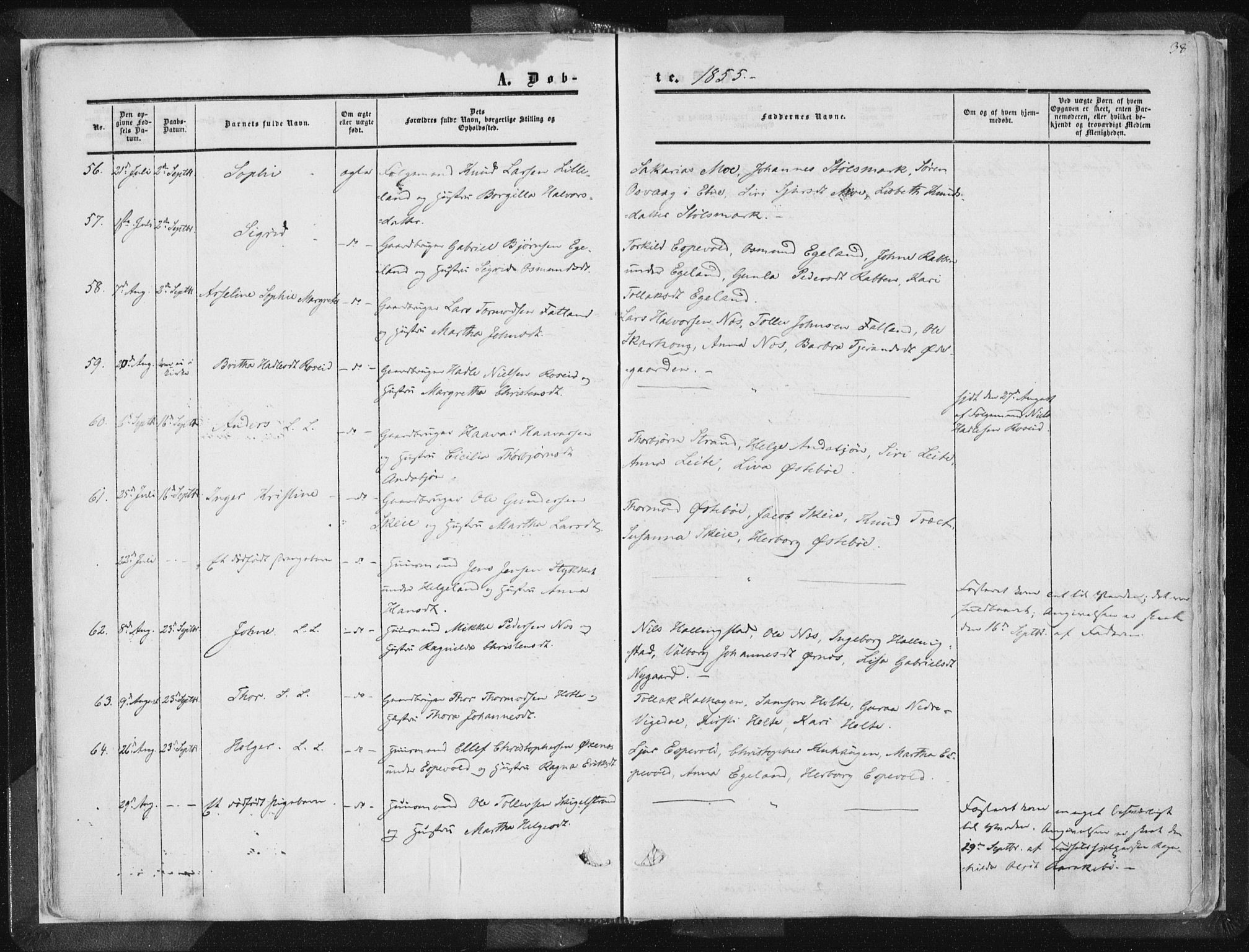 Vikedal sokneprestkontor, AV/SAST-A-101840/01/IV: Parish register (official) no. A 6.1, 1851-1867, p. 38