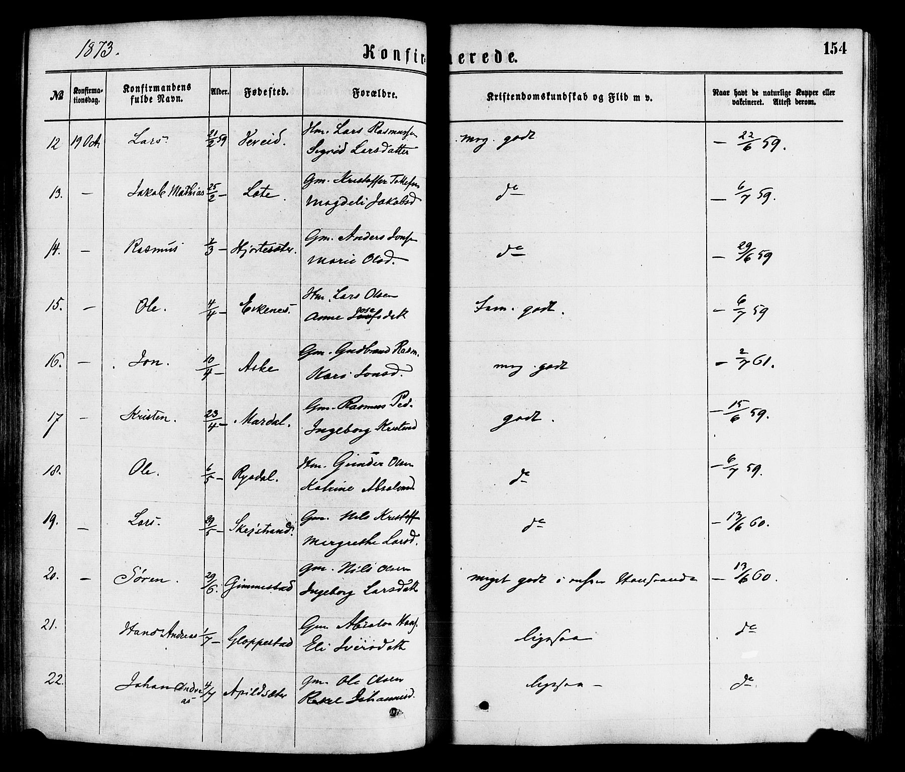 Gloppen sokneprestembete, AV/SAB-A-80101/H/Haa/Haaa/L0010: Parish register (official) no. A 10, 1871-1884, p. 154