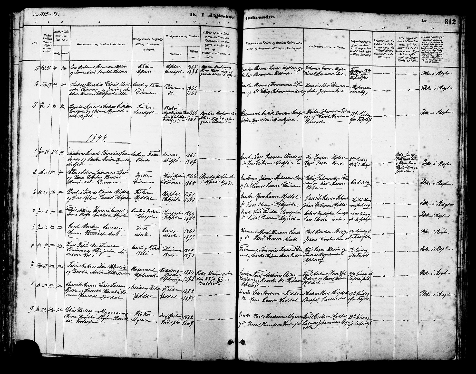Ministerialprotokoller, klokkerbøker og fødselsregistre - Møre og Romsdal, SAT/A-1454/509/L0112: Parish register (copy) no. 509C02, 1883-1922, p. 312