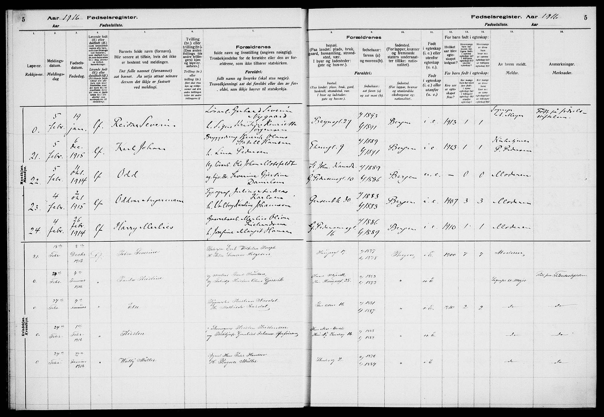 Sandviken Sokneprestembete, AV/SAB-A-77601/I/Ib/L00A1: Birth register no. A 1, 1915-1920, p. 5