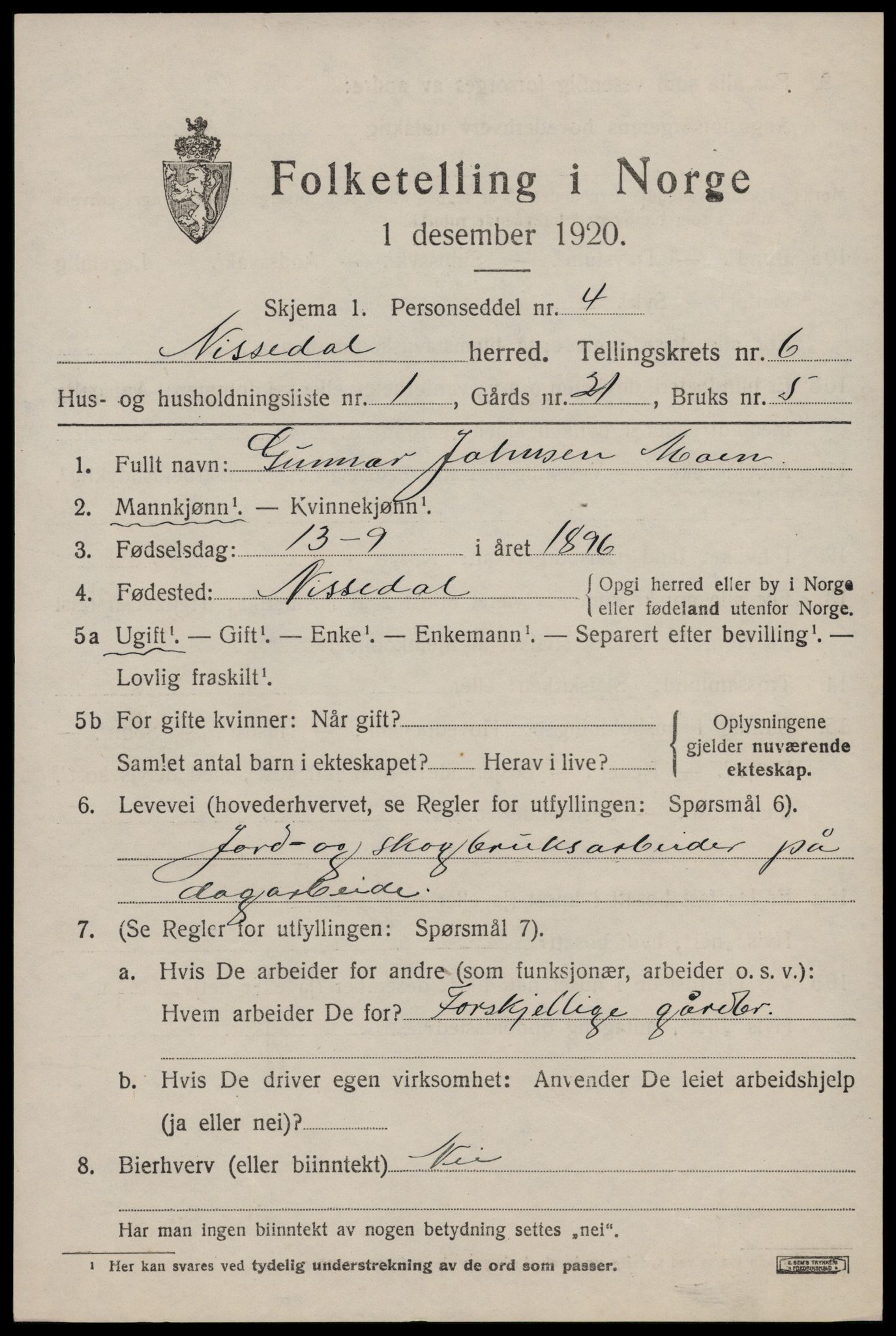 SAKO, 1920 census for Nissedal, 1920, p. 2277