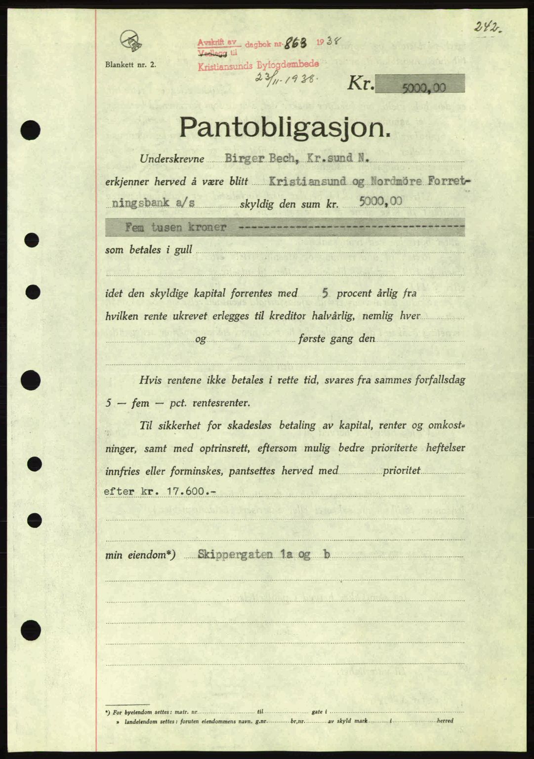 Kristiansund byfogd, AV/SAT-A-4587/A/27: Mortgage book no. 31, 1938-1939, Diary no: : 863/1938