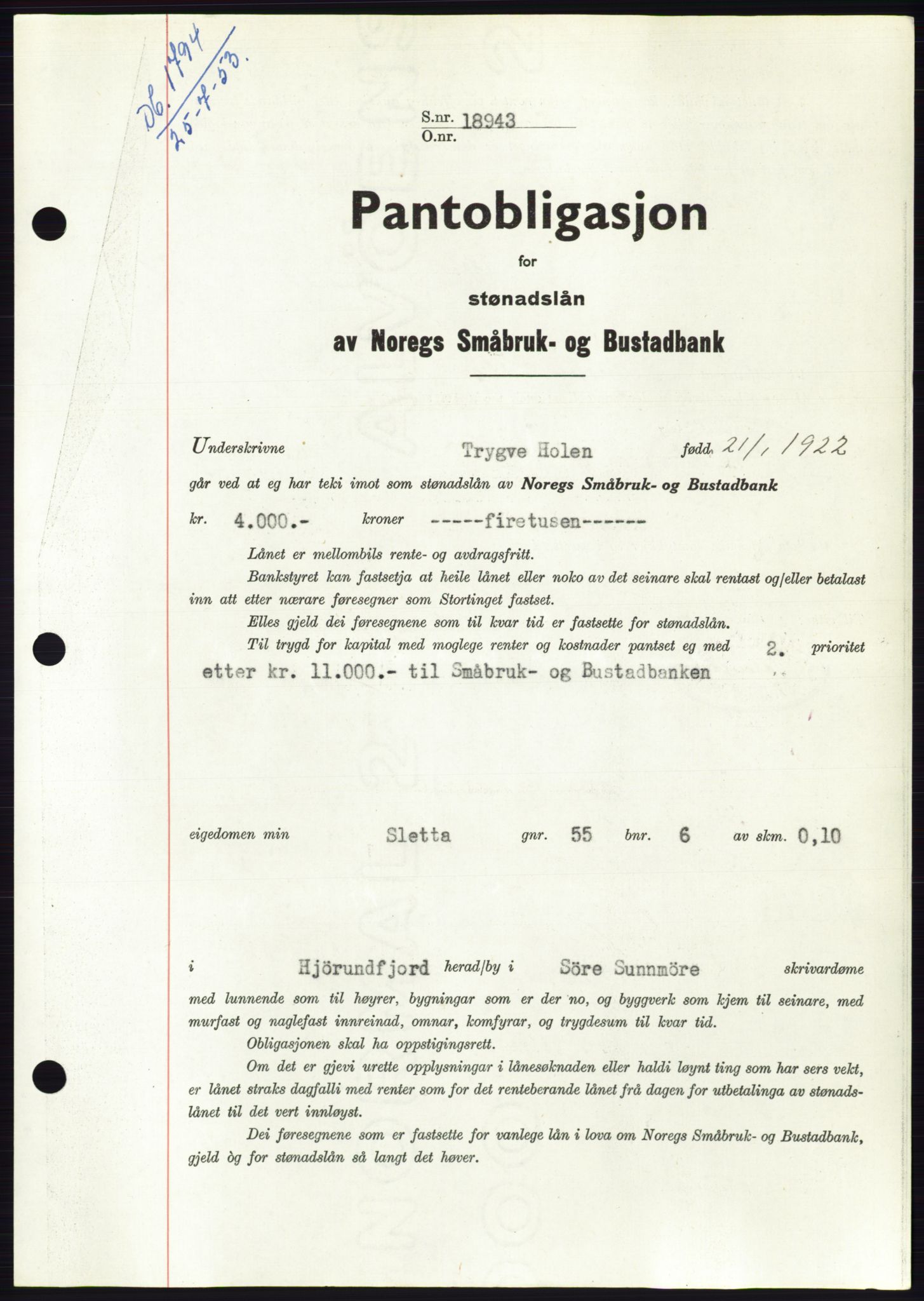 Søre Sunnmøre sorenskriveri, AV/SAT-A-4122/1/2/2C/L0123: Mortgage book no. 11B, 1953-1953, Diary no: : 1794/1953