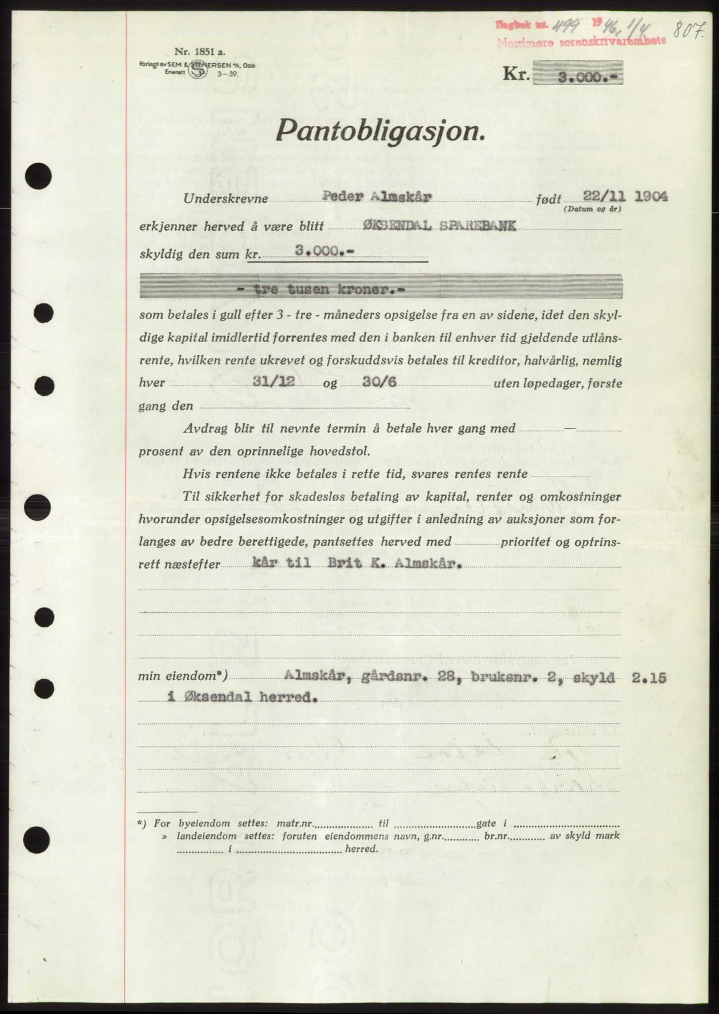 Nordmøre sorenskriveri, AV/SAT-A-4132/1/2/2Ca: Mortgage book no. B93b, 1946-1946, Diary no: : 499/1946