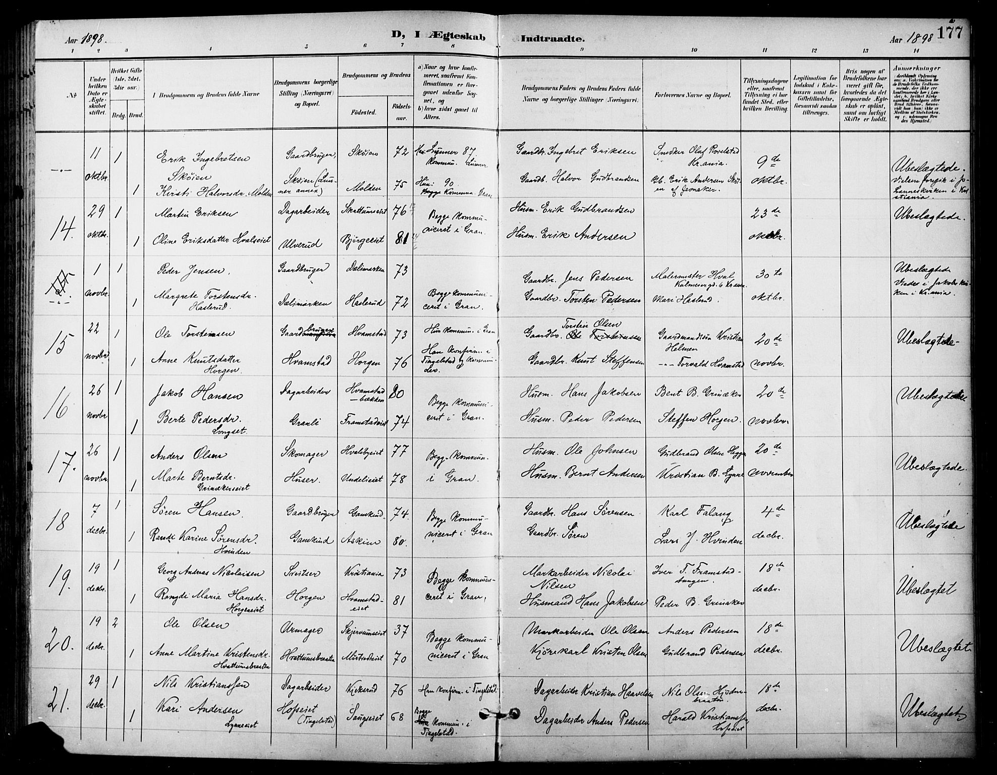 Gran prestekontor, SAH/PREST-112/H/Ha/Haa/L0019: Parish register (official) no. 19, 1898-1907, p. 177