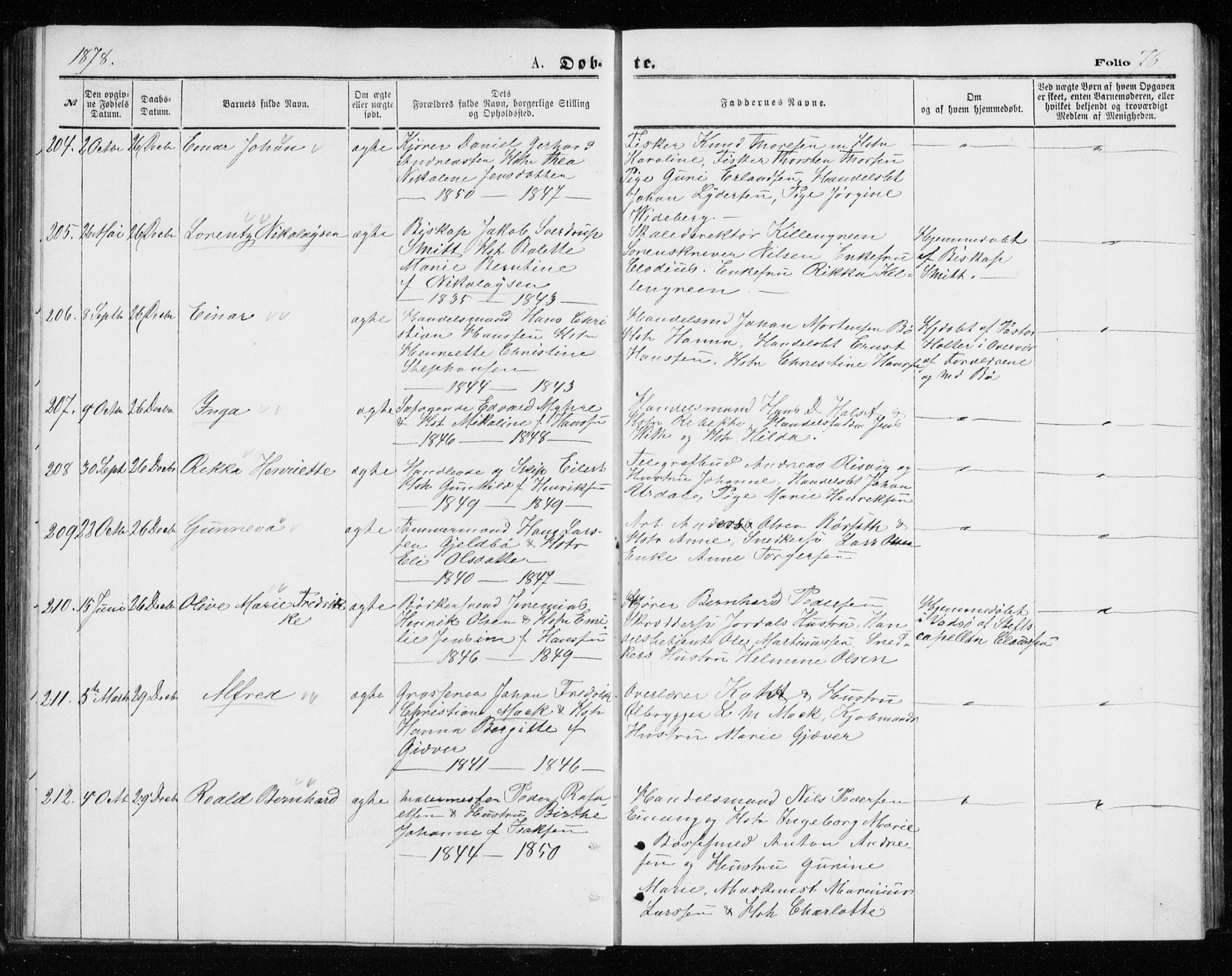 Tromsø sokneprestkontor/stiftsprosti/domprosti, AV/SATØ-S-1343/G/Gb/L0008klokker: Parish register (copy) no. 8, 1875-1879, p. 76