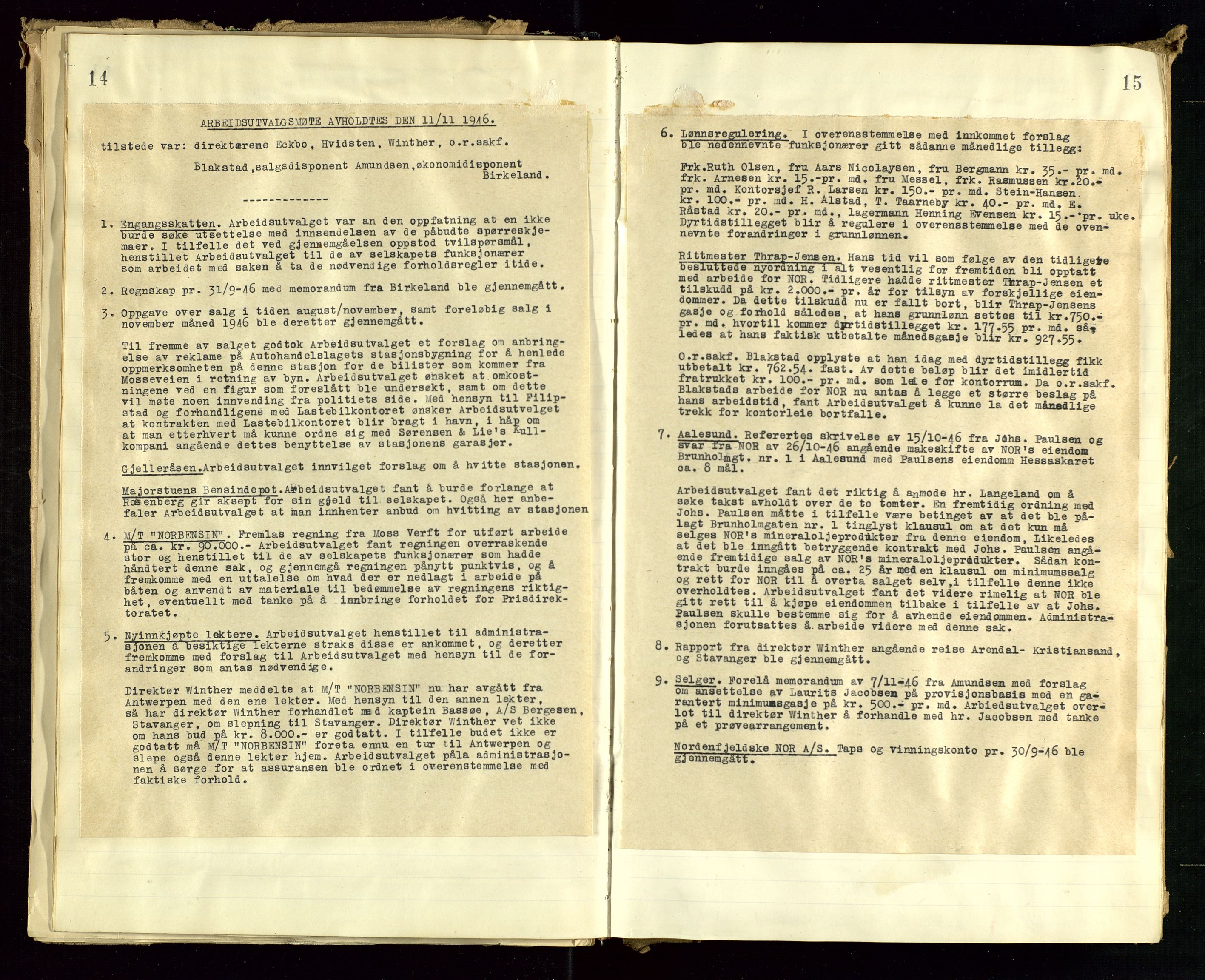 Pa 1514 - Sporveienes Bensindepot, Norsk Oljeraffineri A/S, AV/SAST-A-101919/A/L0001/0002: Styreprotokoll. Forhandlingsprotokoll Arbeidsutvaget / Forhandlingsprotokoll Arbeidsutvalget, 1946-1951, p. 15