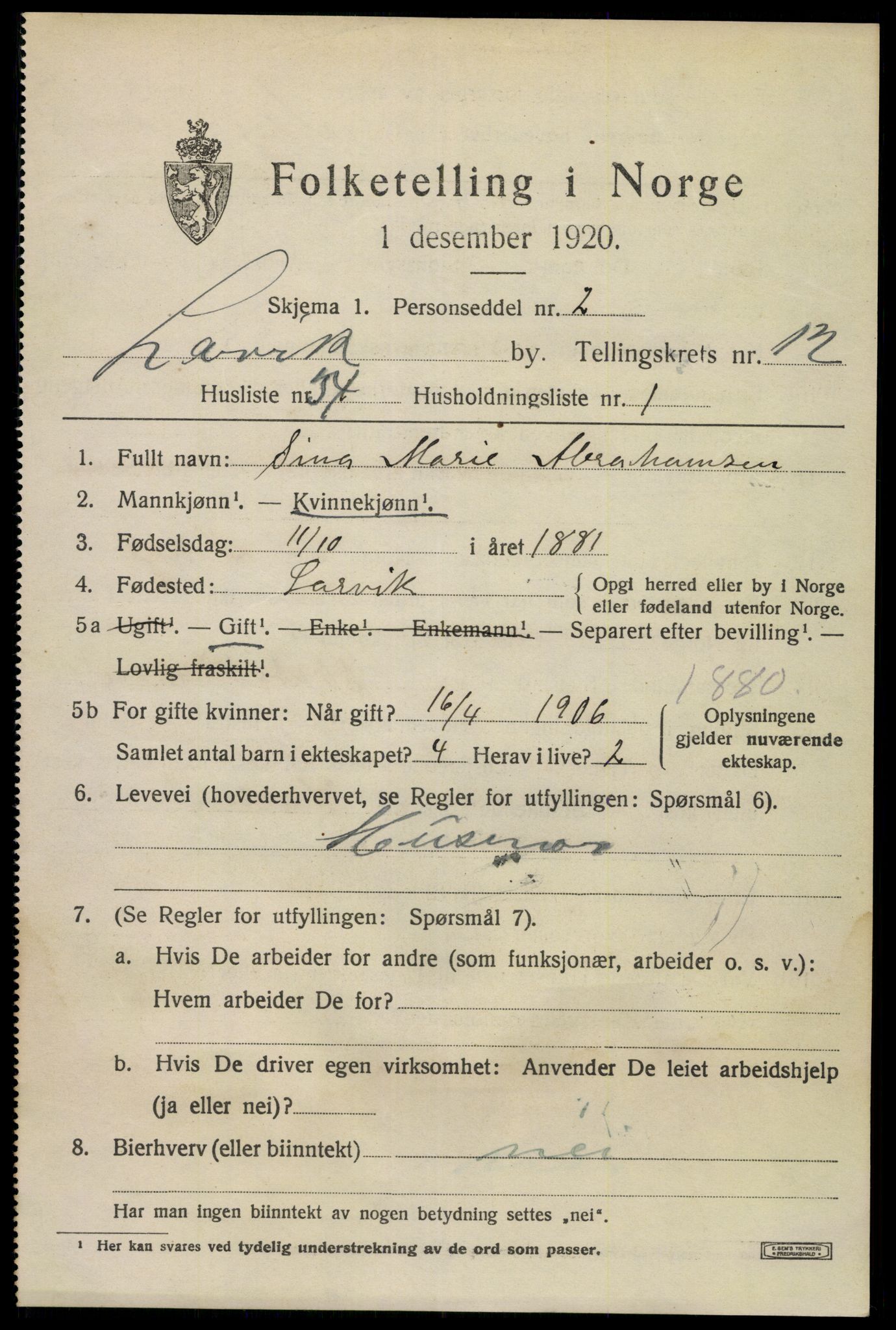 SAKO, 1920 census for Larvik, 1920, p. 31028