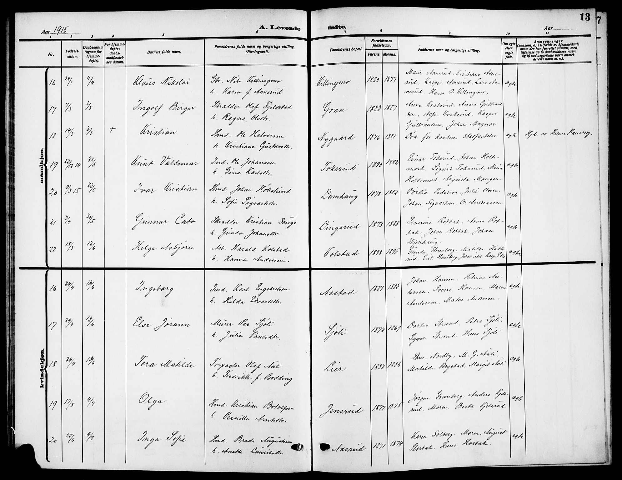 Aurskog prestekontor Kirkebøker, AV/SAO-A-10304a/G/Ga/L0005: Parish register (copy) no. I 5, 1913-1925, p. 13