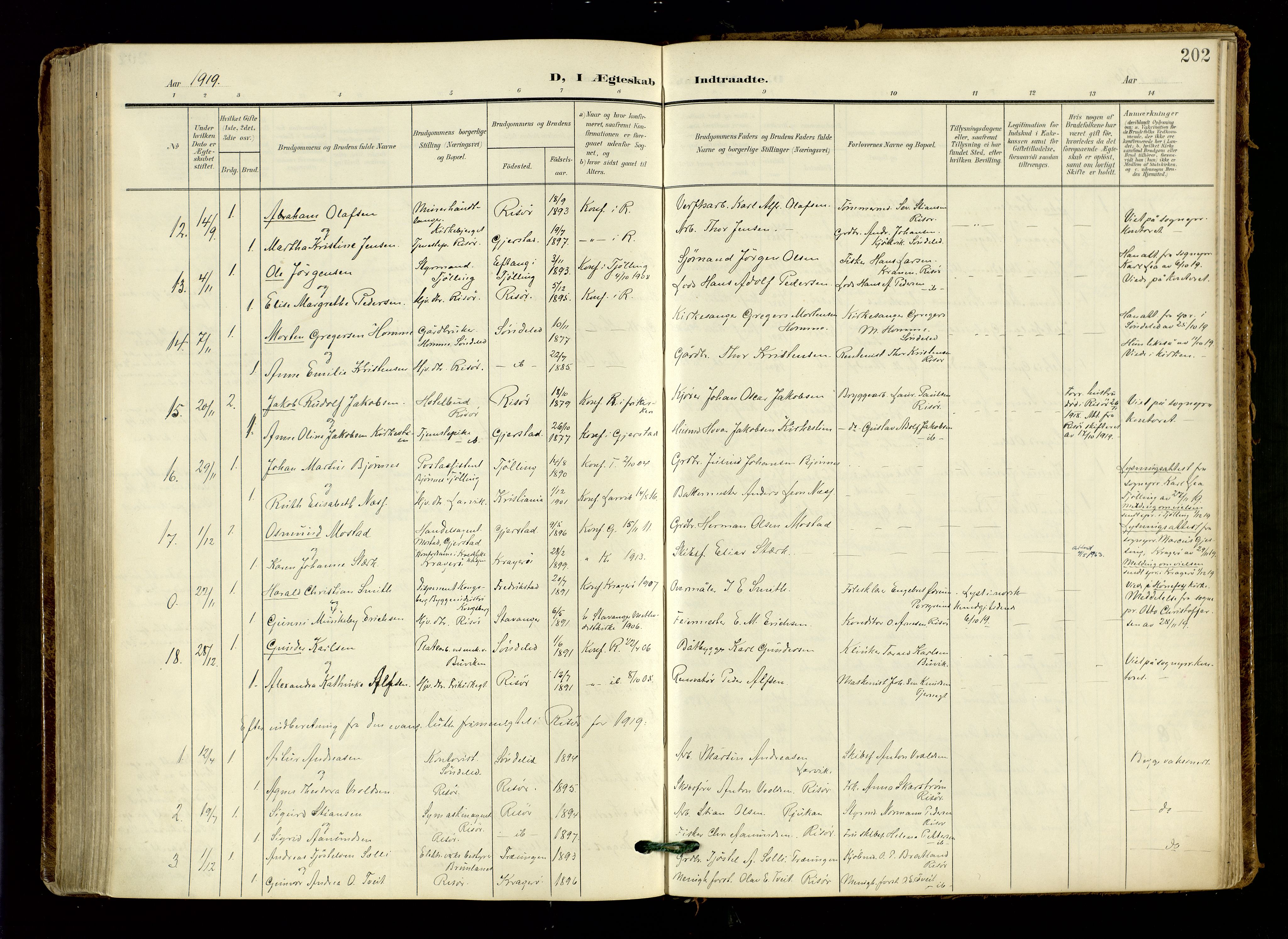 Risør sokneprestkontor, AV/SAK-1111-0035/F/Fa/L0011: Parish register (official) no. A 11, 1907-1920, p. 202