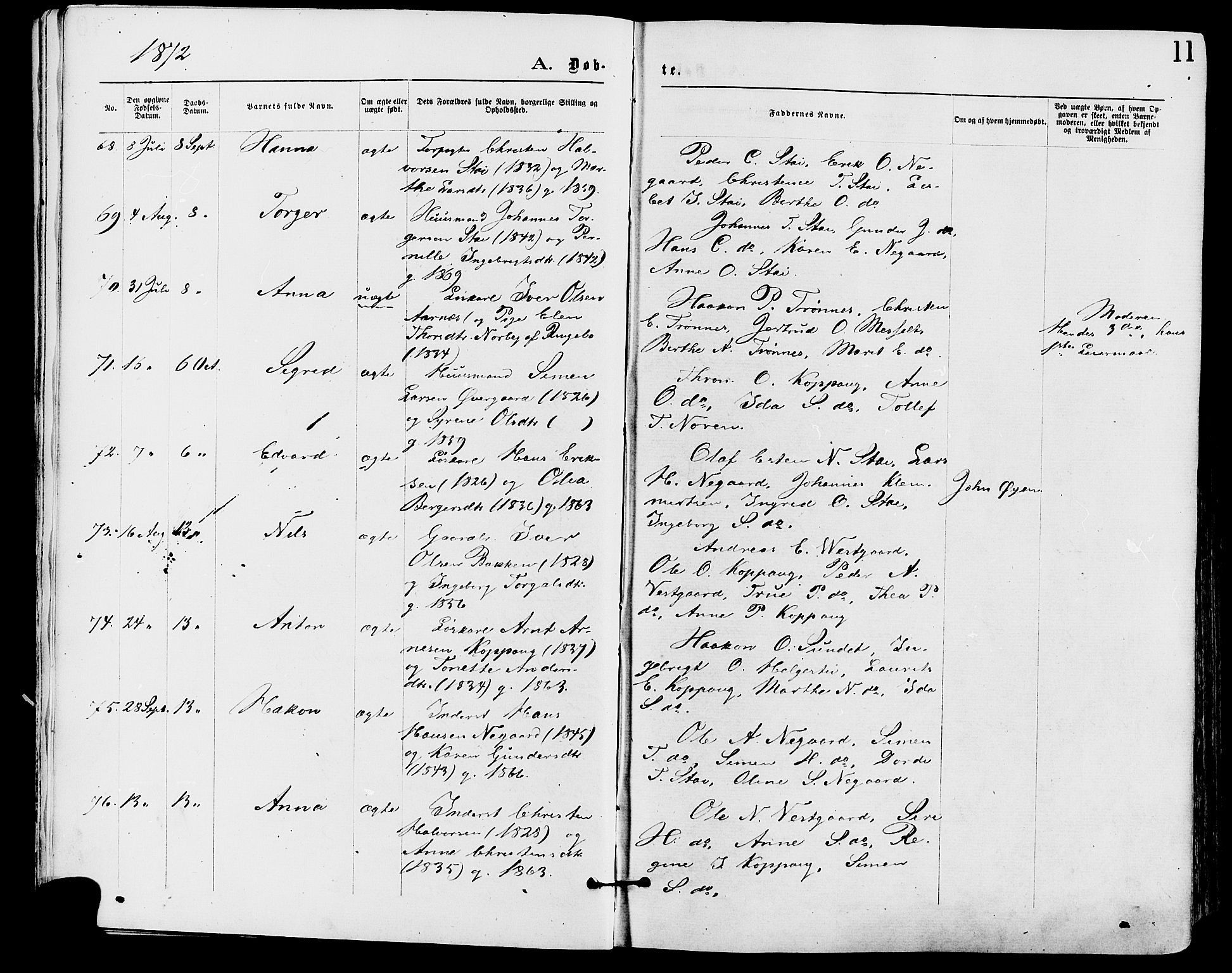 Stor-Elvdal prestekontor, AV/SAH-PREST-052/H/Ha/Haa/L0001: Parish register (official) no. 1, 1871-1882, p. 11