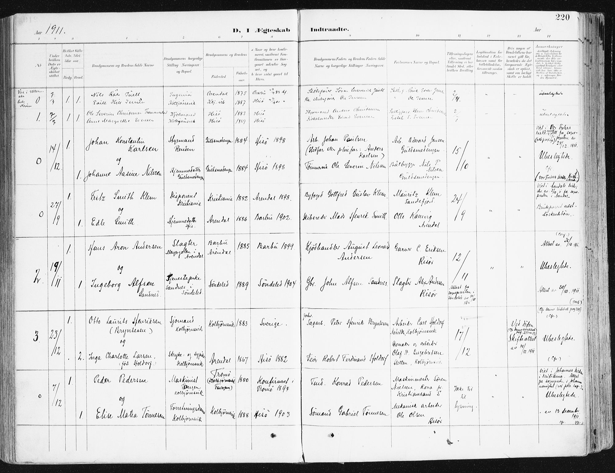 Hisøy sokneprestkontor, SAK/1111-0020/F/Fa/L0004: Parish register (official) no. A 4, 1895-1917, p. 220