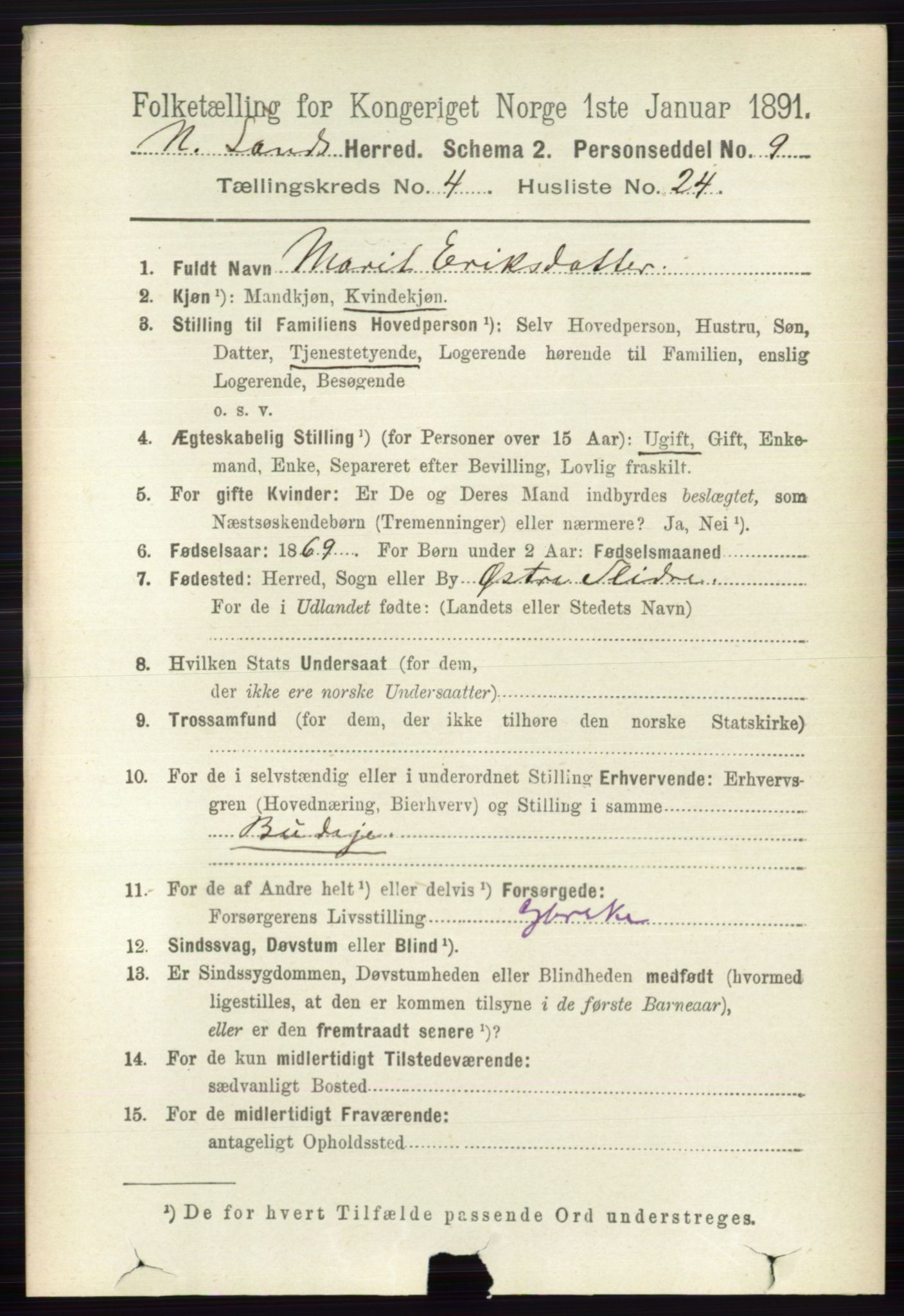 RA, 1891 census for 0538 Nordre Land, 1891, p. 1453