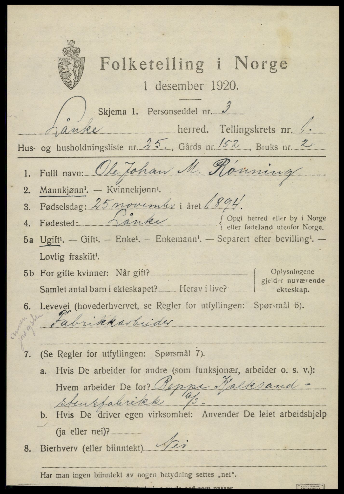 SAT, 1920 census for Lånke, 1920, p. 828