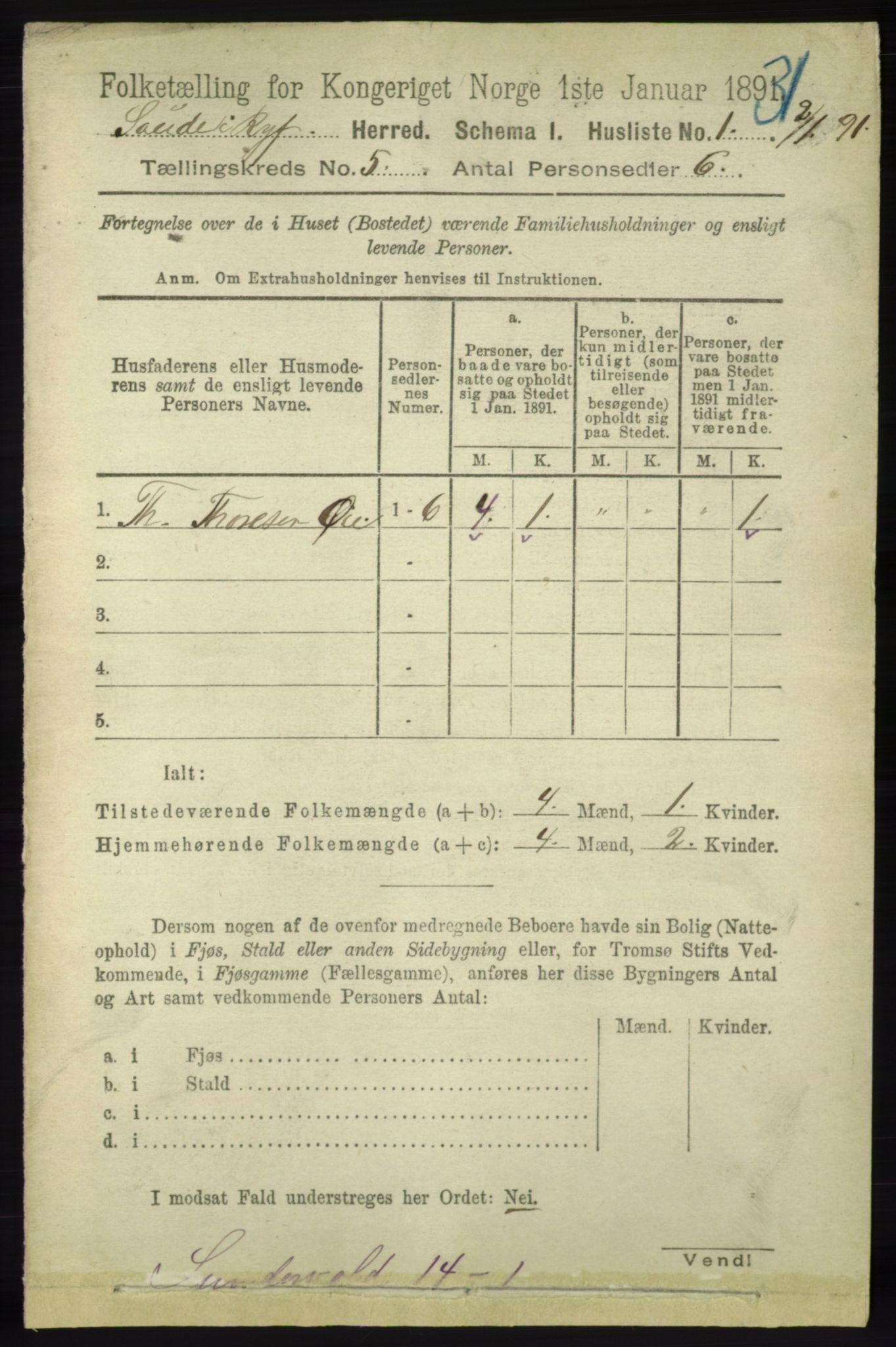 RA, 1891 census for 1135 Sauda, 1891, p. 2163