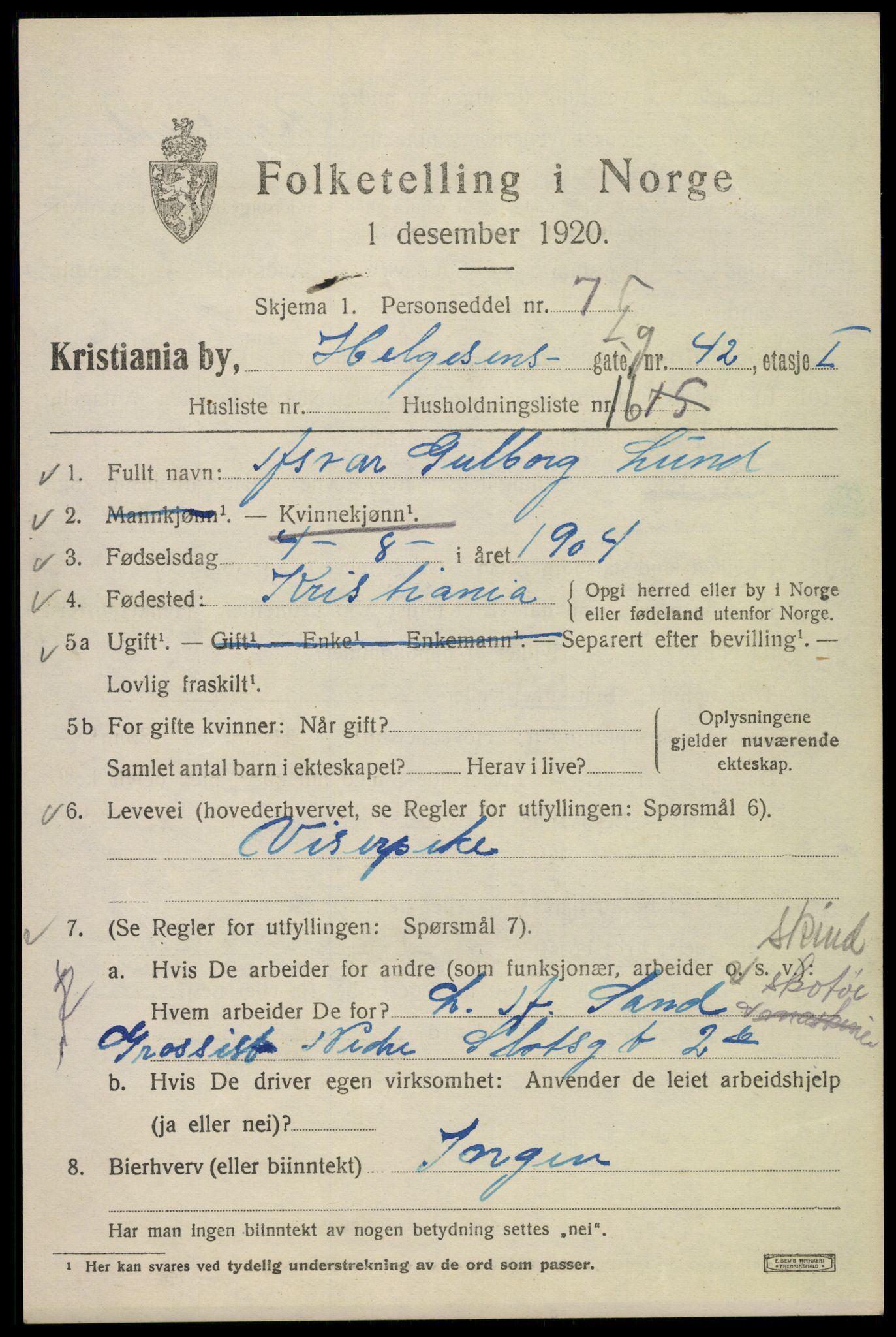 SAO, 1920 census for Kristiania, 1920, p. 285299