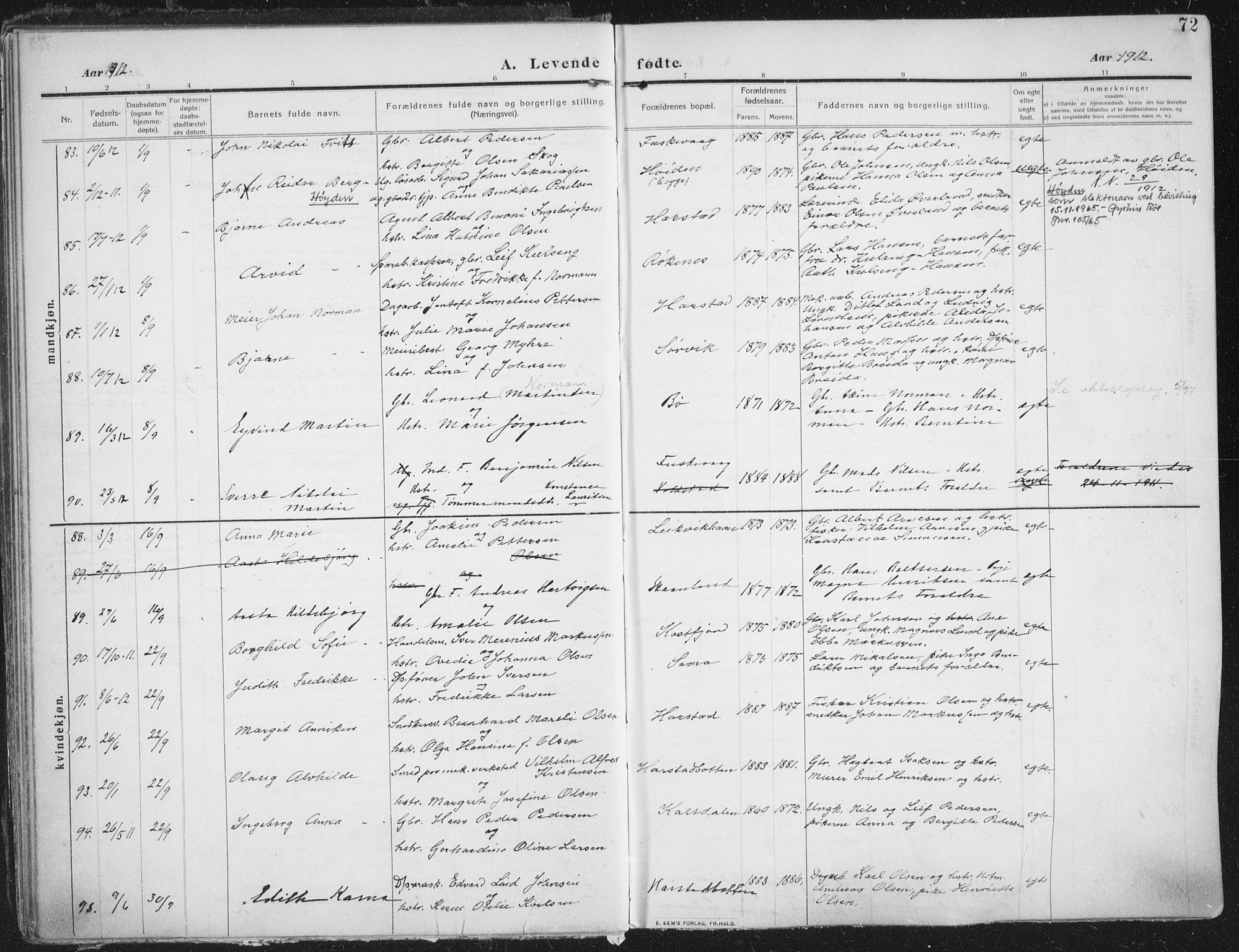 Trondenes sokneprestkontor, AV/SATØ-S-1319/H/Ha/L0018kirke: Parish register (official) no. 18, 1909-1918, p. 72