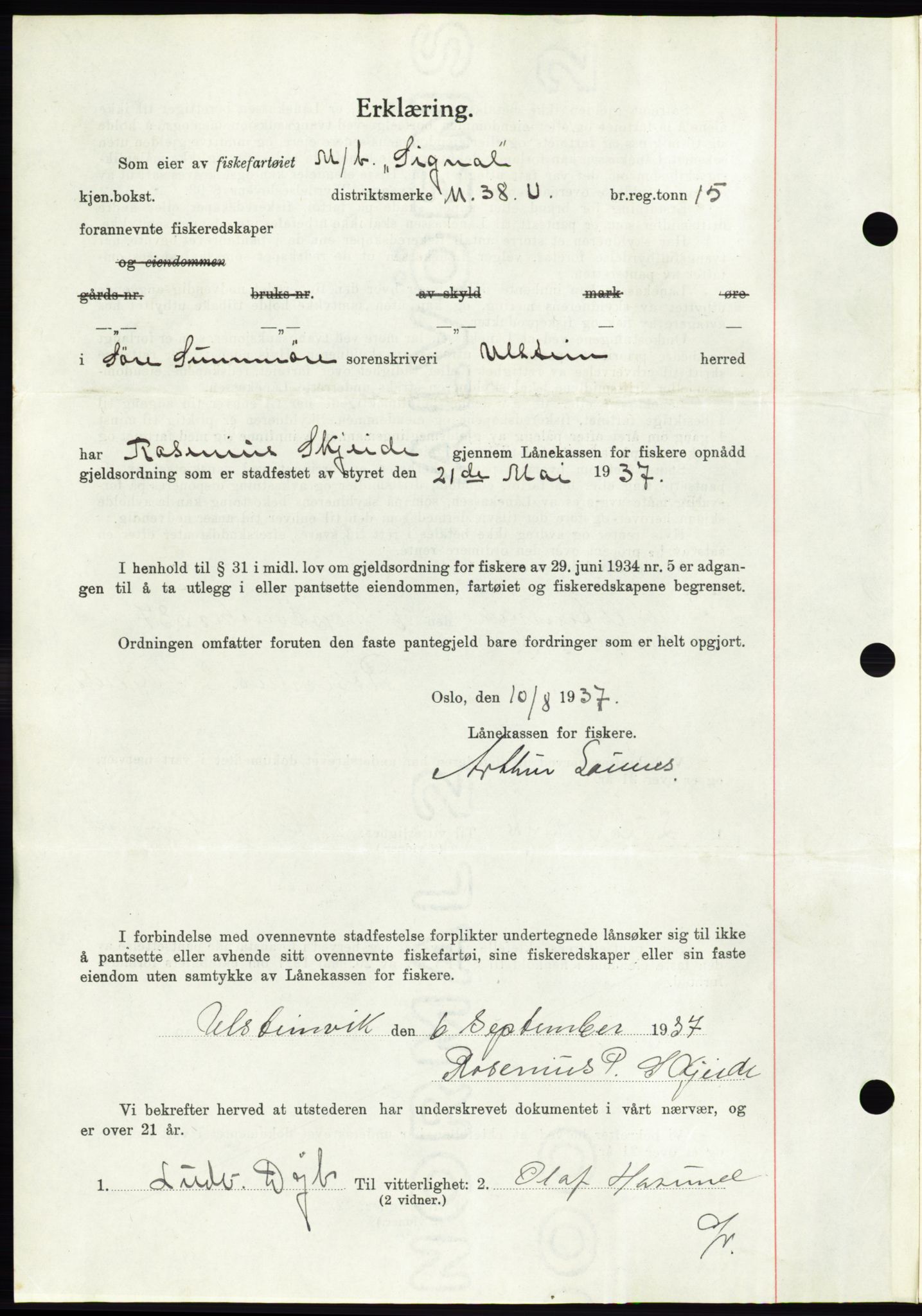 Søre Sunnmøre sorenskriveri, AV/SAT-A-4122/1/2/2C/L0064: Mortgage book no. 58, 1937-1938, Diary no: : 1413/1937