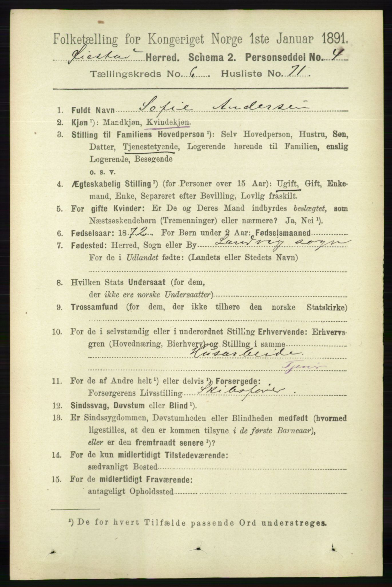 RA, 1891 census for 0920 Øyestad, 1891, p. 2540