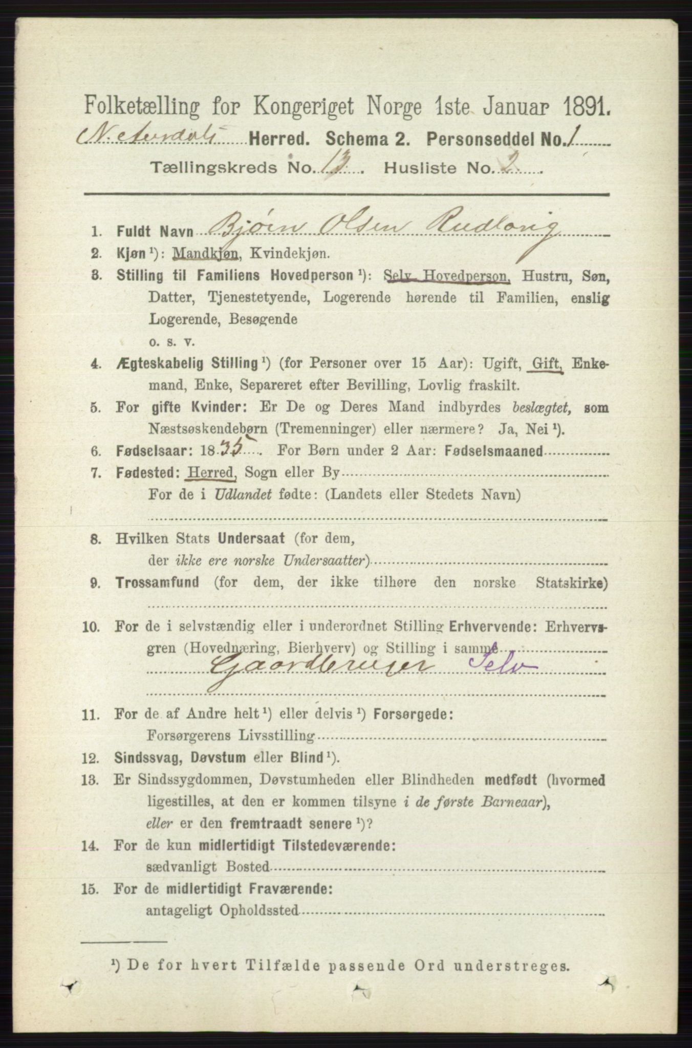 RA, 1891 census for 0542 Nord-Aurdal, 1891, p. 4769