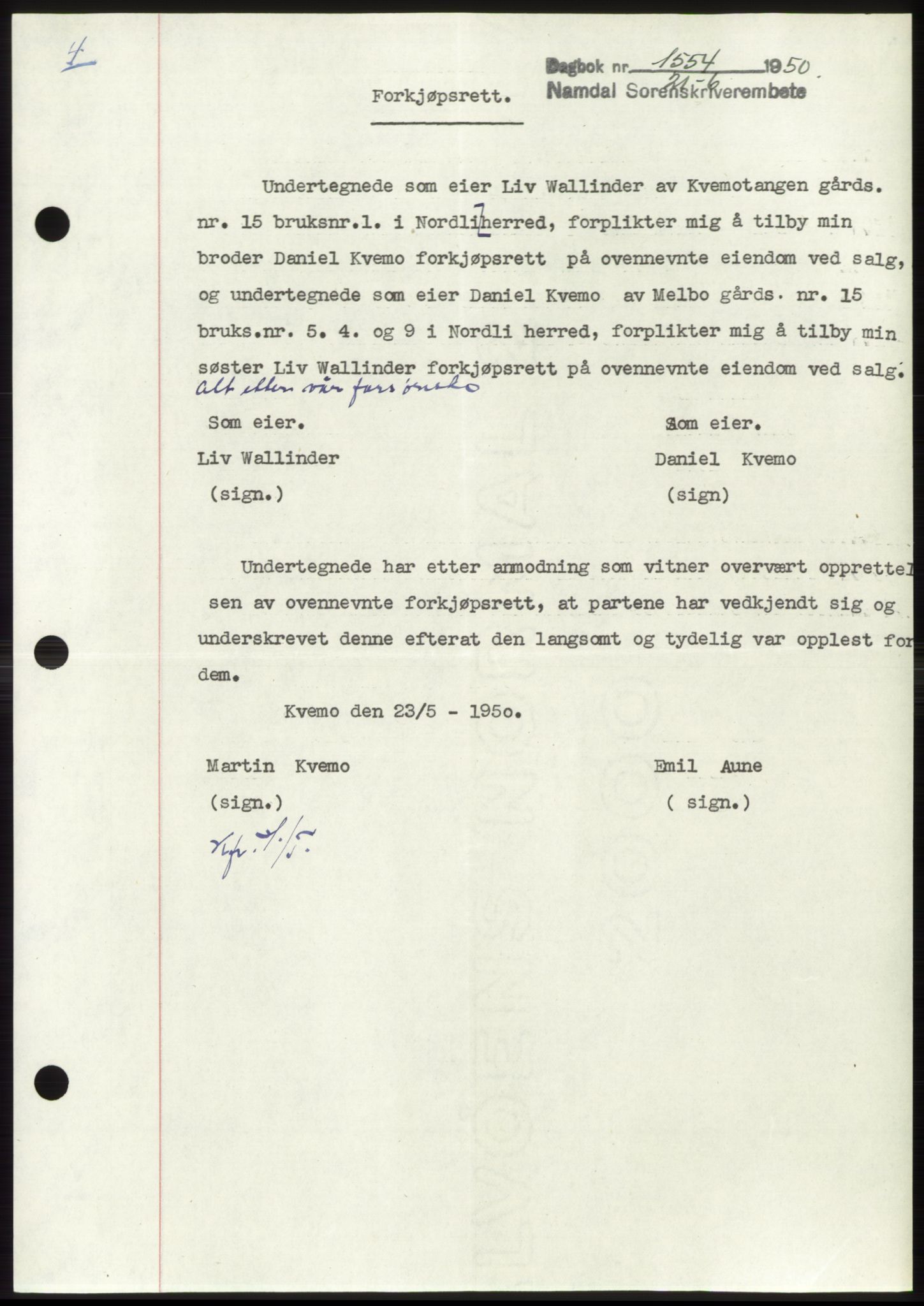 Namdal sorenskriveri, AV/SAT-A-4133/1/2/2C: Mortgage book no. -, 1950-1950, Diary no: : 1554/1950