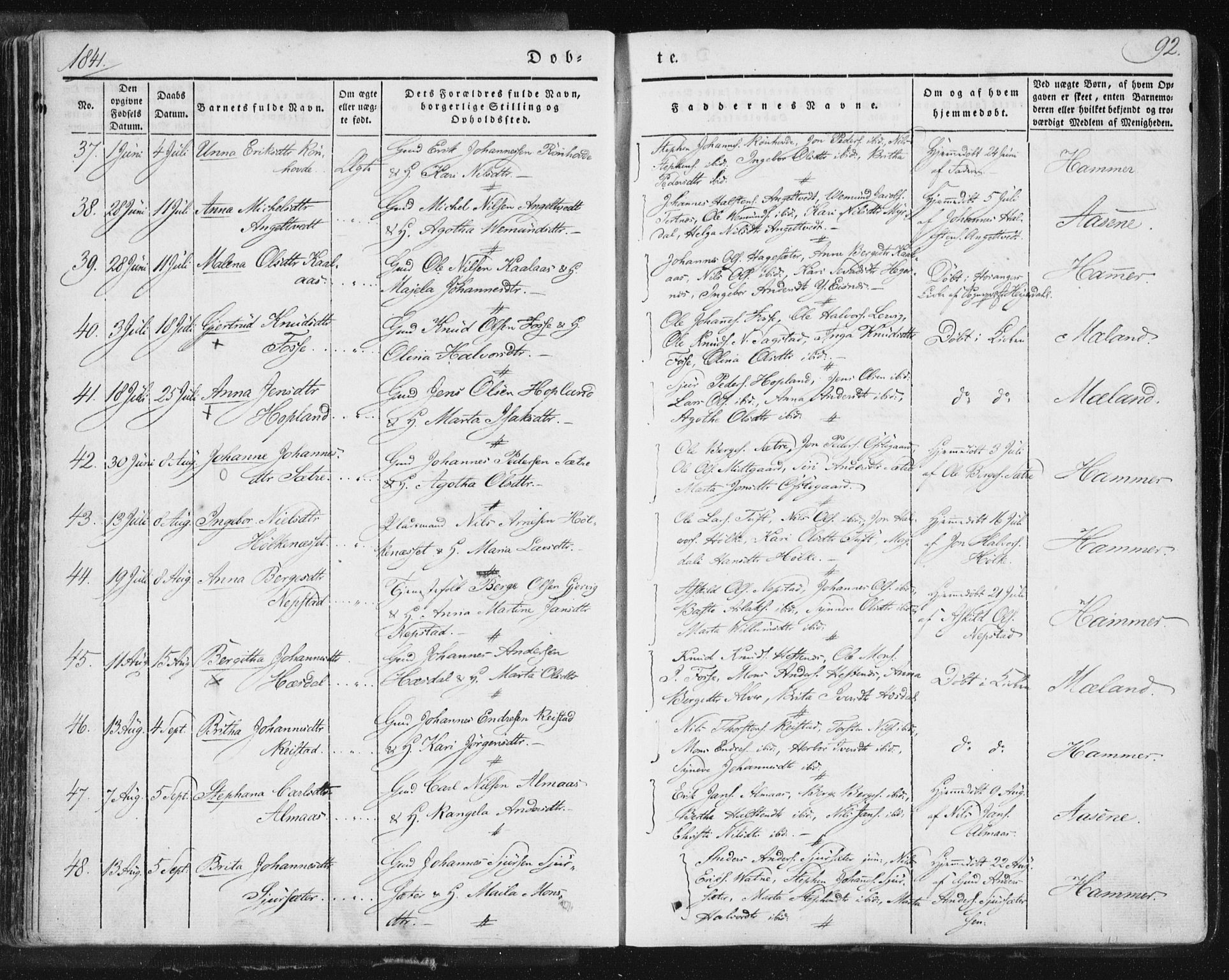 Hamre sokneprestembete, AV/SAB-A-75501/H/Ha/Haa/Haaa/L0012: Parish register (official) no. A 12, 1834-1845, p. 92