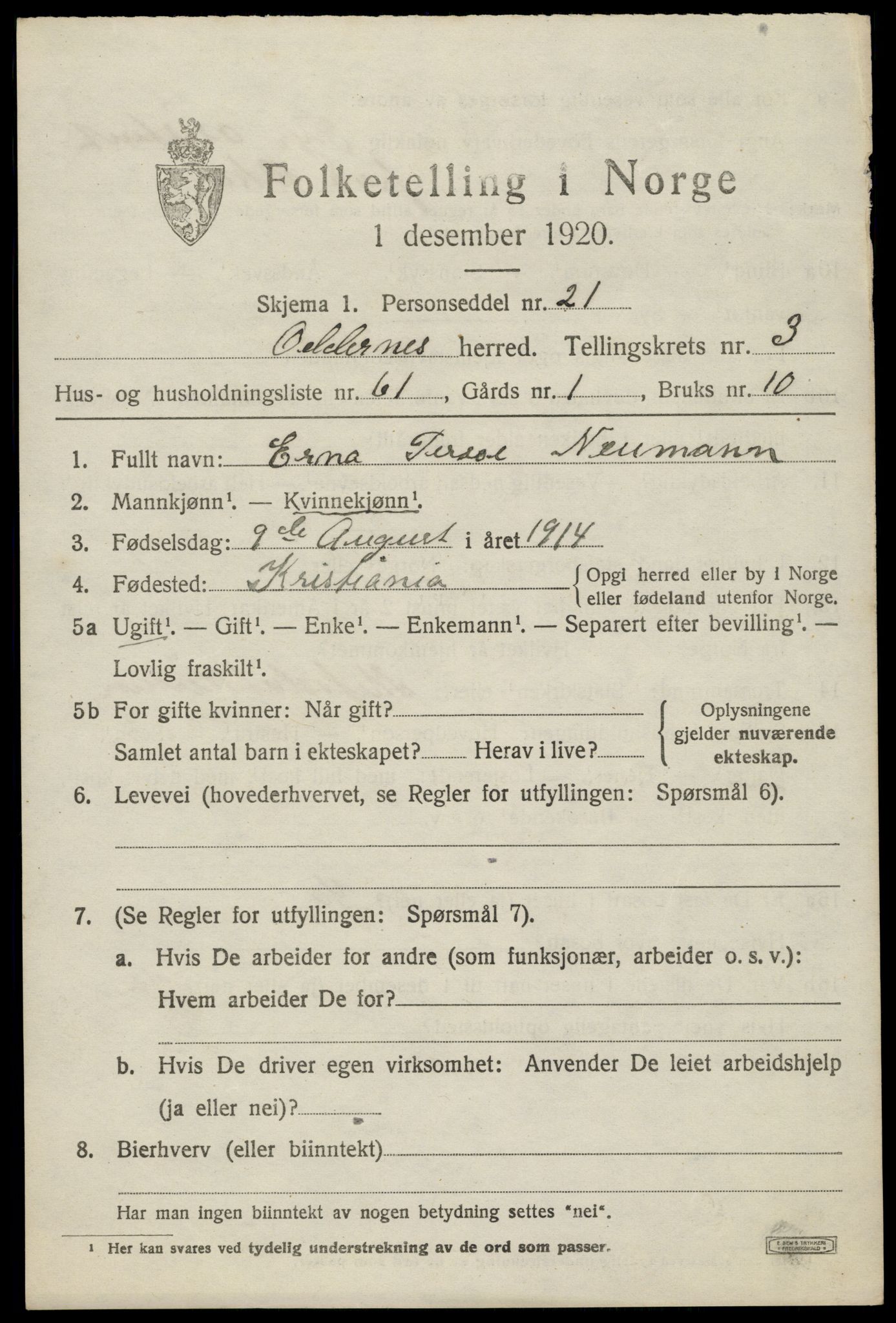 SAK, 1920 census for Oddernes, 1920, p. 4057