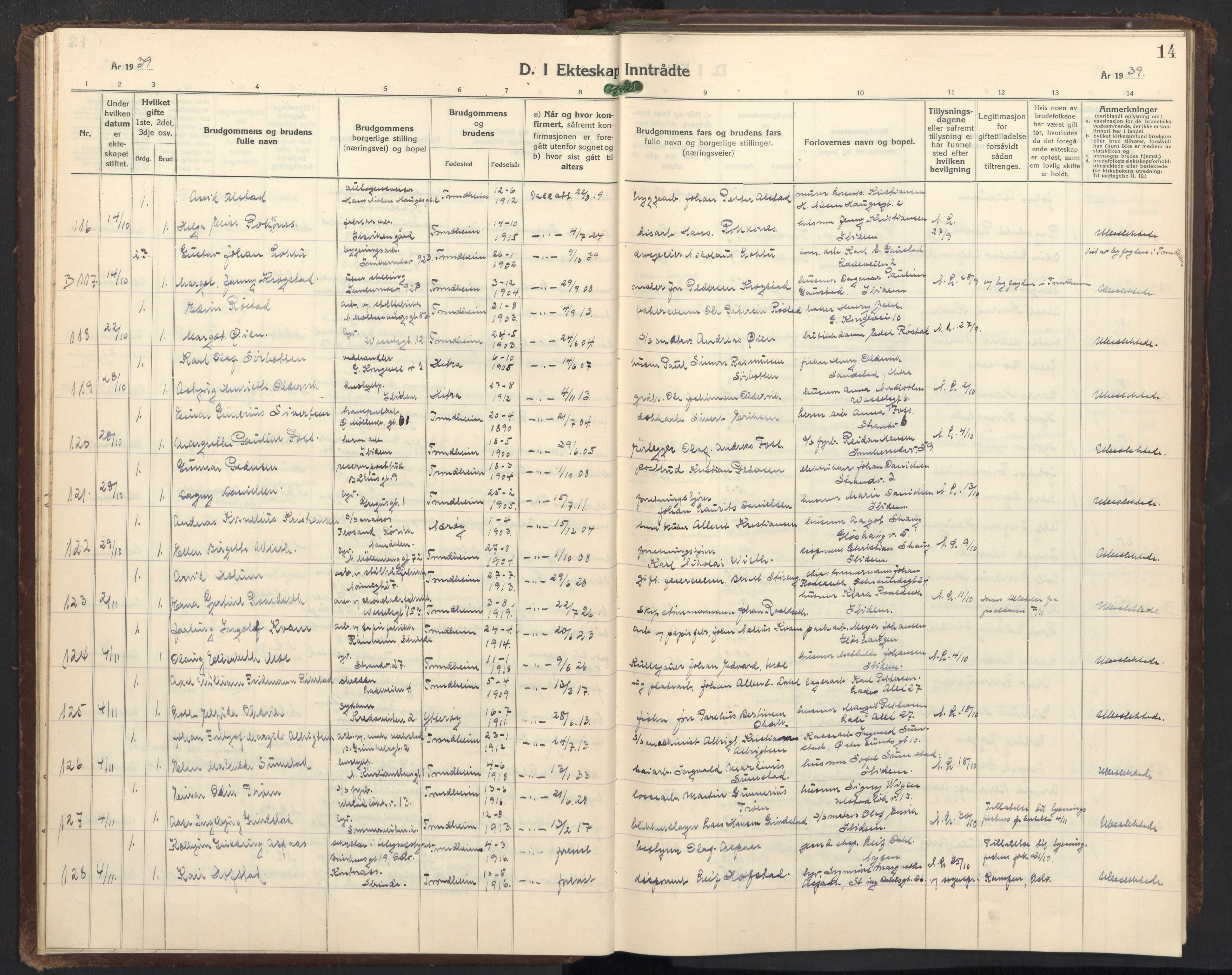 Ministerialprotokoller, klokkerbøker og fødselsregistre - Sør-Trøndelag, AV/SAT-A-1456/605/L0263: Parish register (copy) no. 605C10, 1938-1949, p. 14