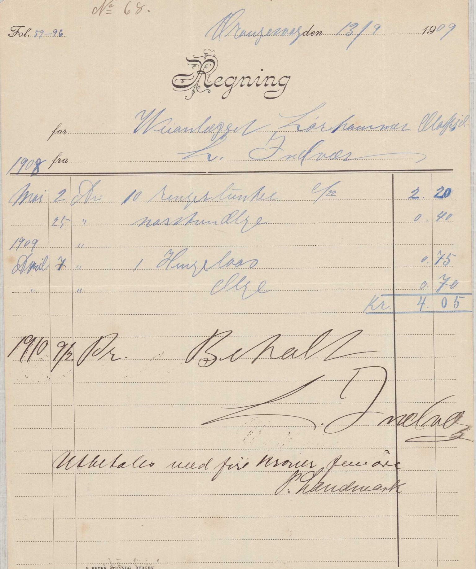 Finnaas kommune. Formannskapet, IKAH/1218a-021/E/Ea/L0001/0003: Rekneskap for veganlegg / Rekneskap for veganlegget Laurhammer - Olakjødn, 1909-1911, p. 17