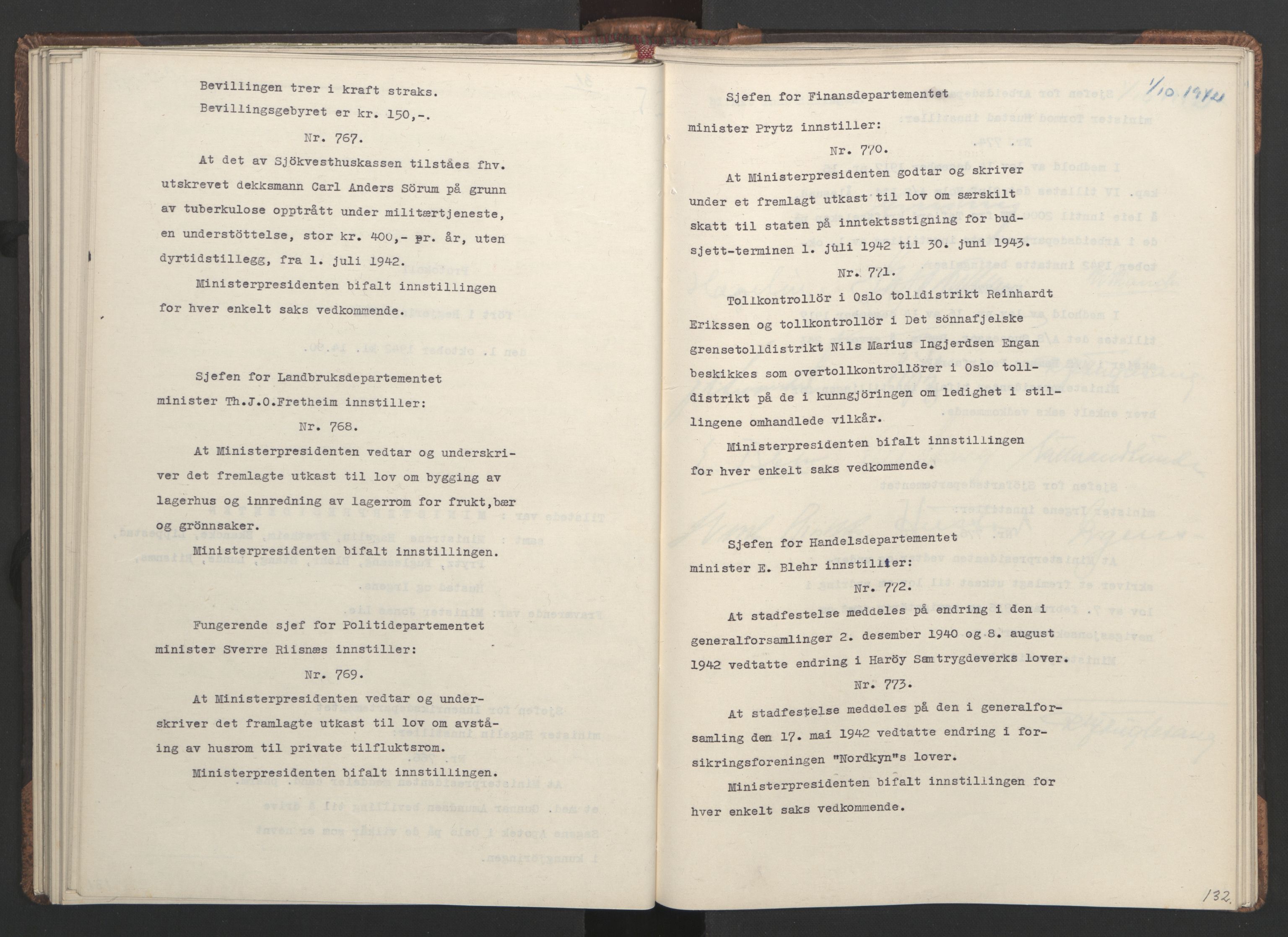 NS-administrasjonen 1940-1945 (Statsrådsekretariatet, de kommisariske statsråder mm), RA/S-4279/D/Da/L0001: Beslutninger og tillegg (1-952 og 1-32), 1942, p. 135