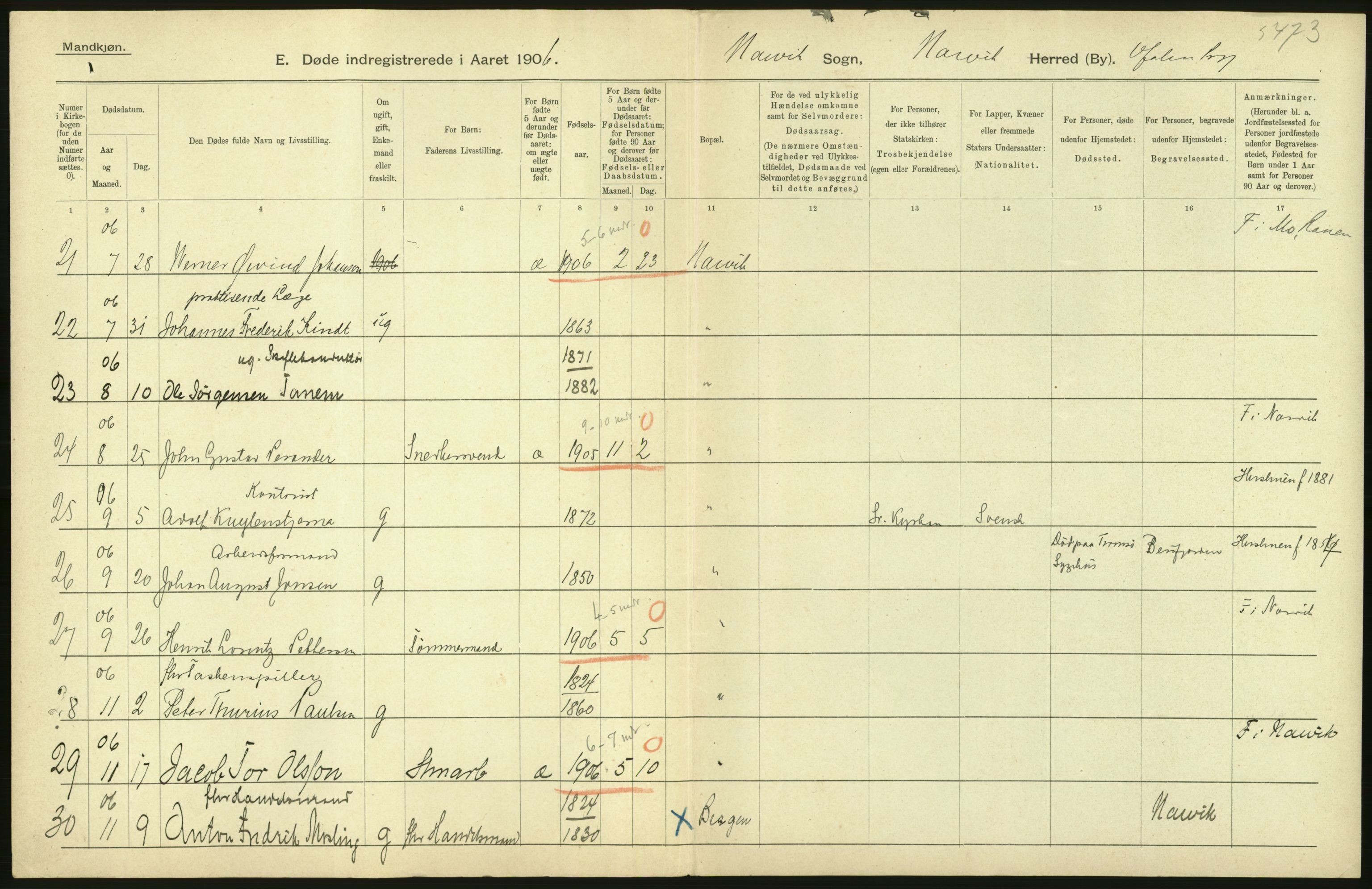 Statistisk sentralbyrå, Sosiodemografiske emner, Befolkning, AV/RA-S-2228/D/Df/Dfa/Dfad/L0045: Nordlands amt: Døde. Bygder og byer., 1906, p. 22