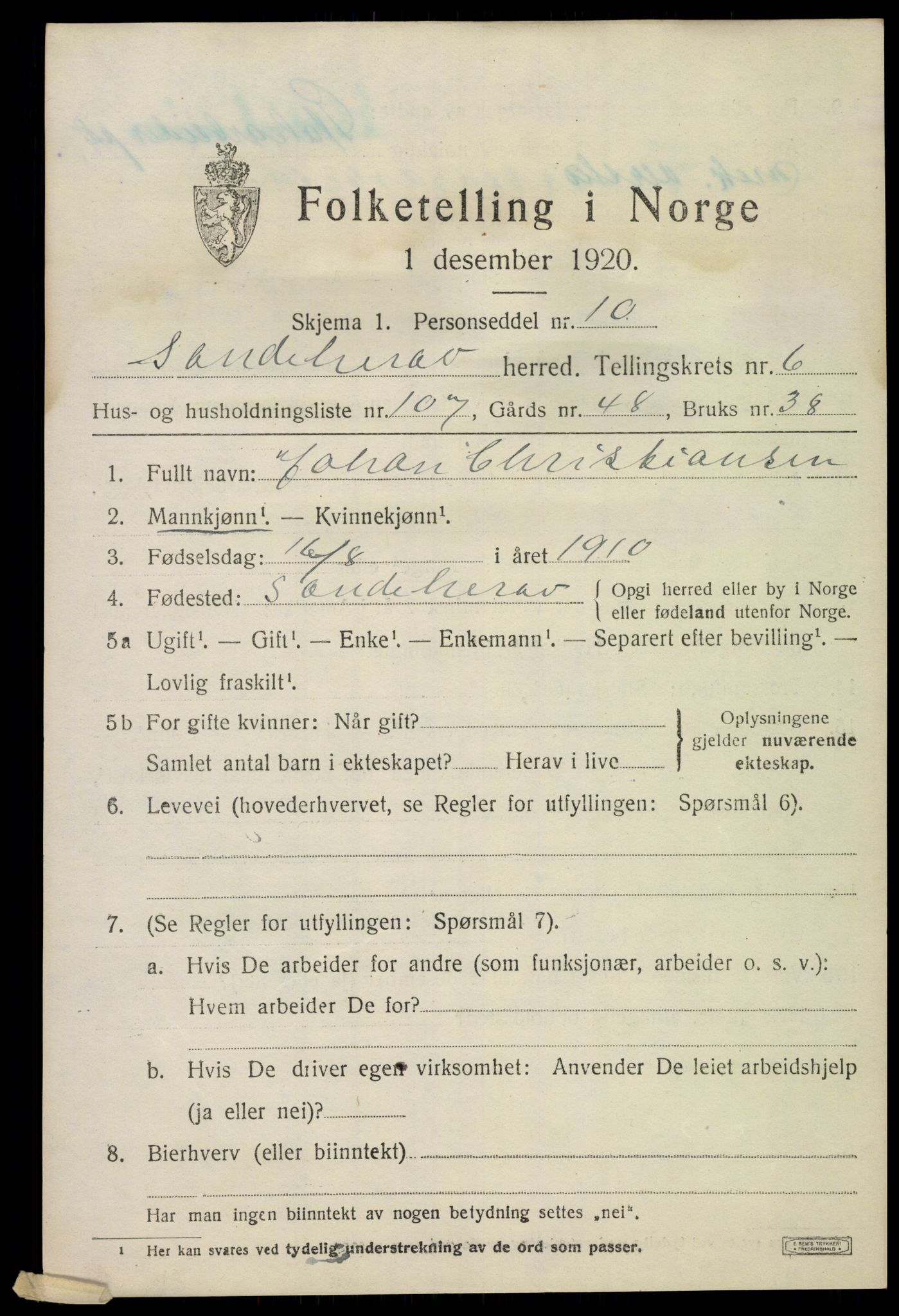 SAKO, 1920 census for Sandeherred, 1920, p. 11050
