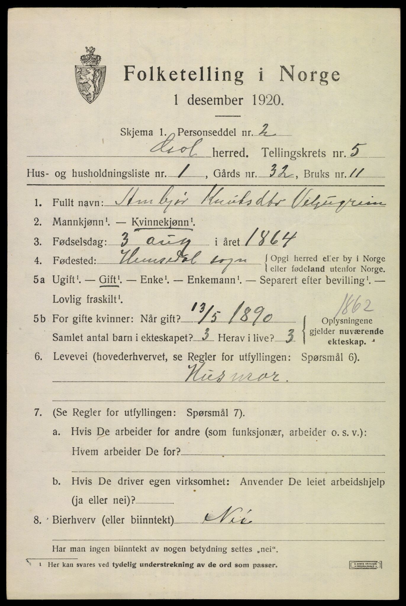 SAKO, 1920 census for Gol, 1920, p. 3532