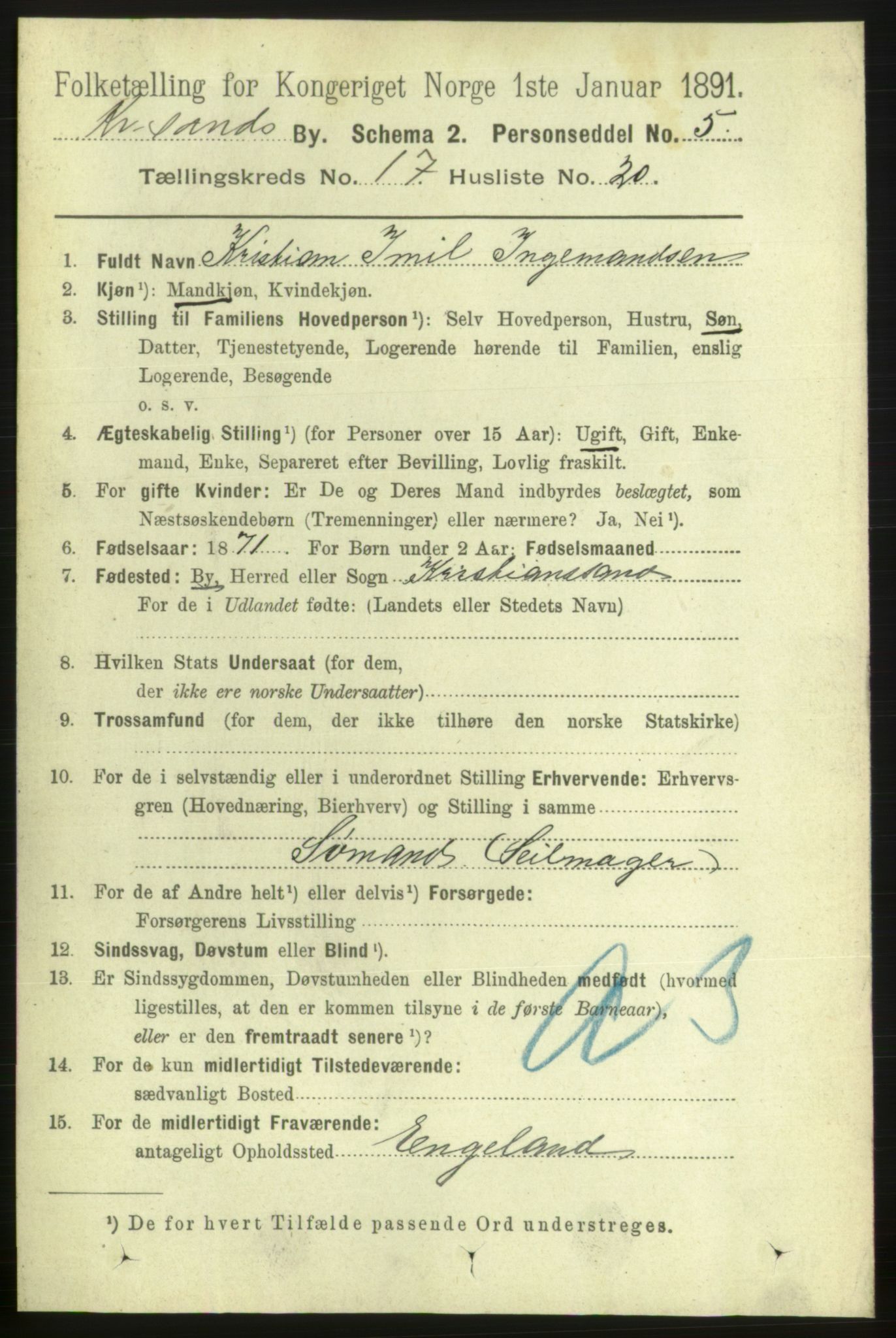 RA, 1891 census for 1001 Kristiansand, 1891, p. 6903