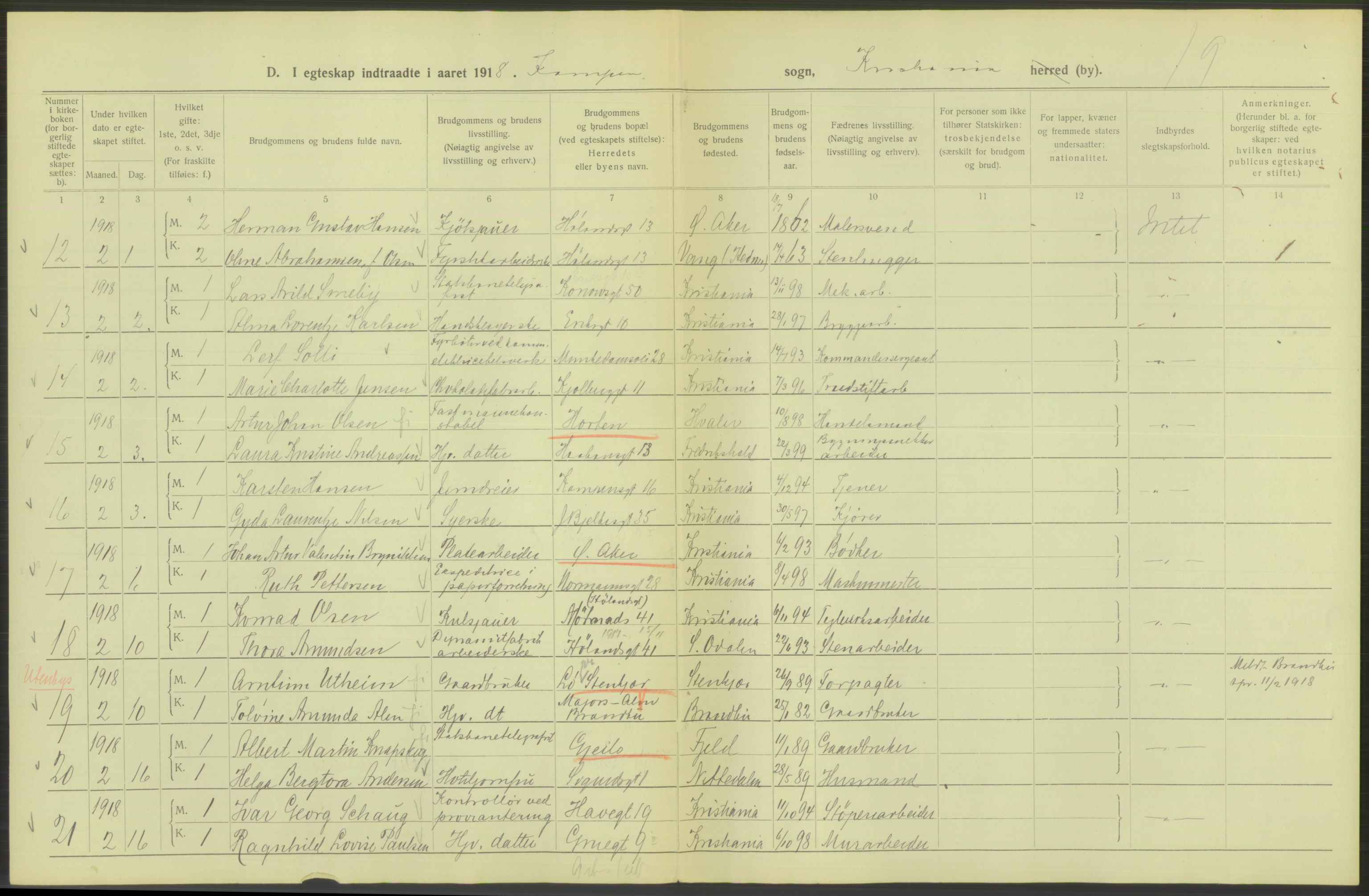 Statistisk sentralbyrå, Sosiodemografiske emner, Befolkning, RA/S-2228/D/Df/Dfb/Dfbh/L0009: Kristiania: Gifte, 1918, p. 854