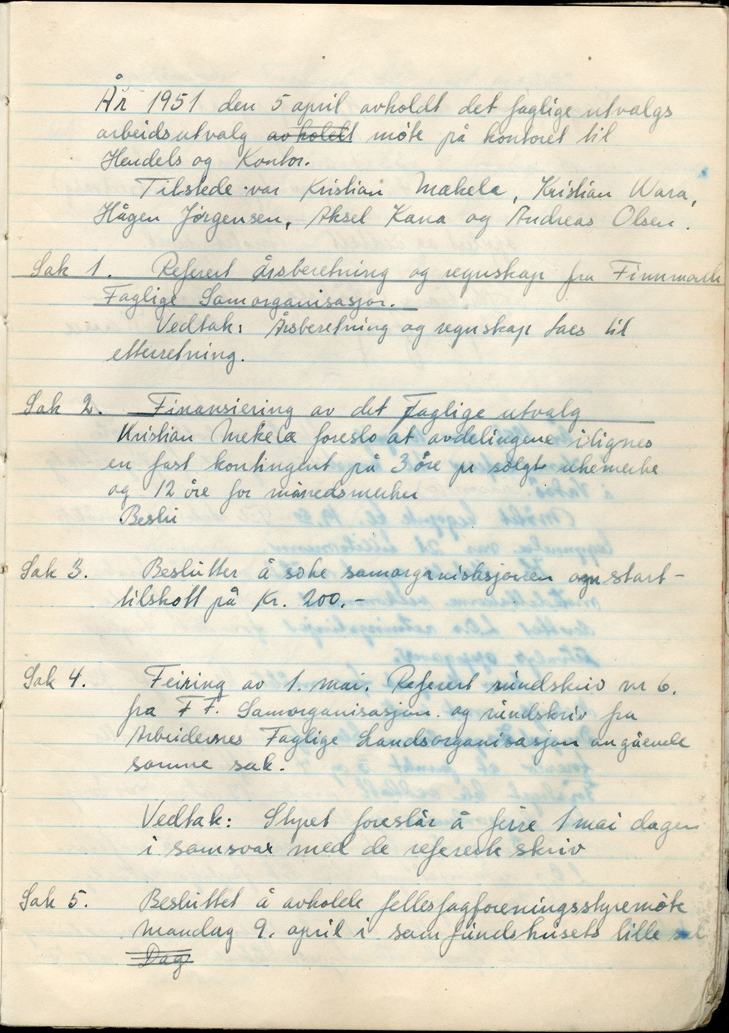 Vadsø Faglige Samorganisasjon, FMFB/A-1085/A/L0001: Styreprotokoll, 1951-1964, p. 5