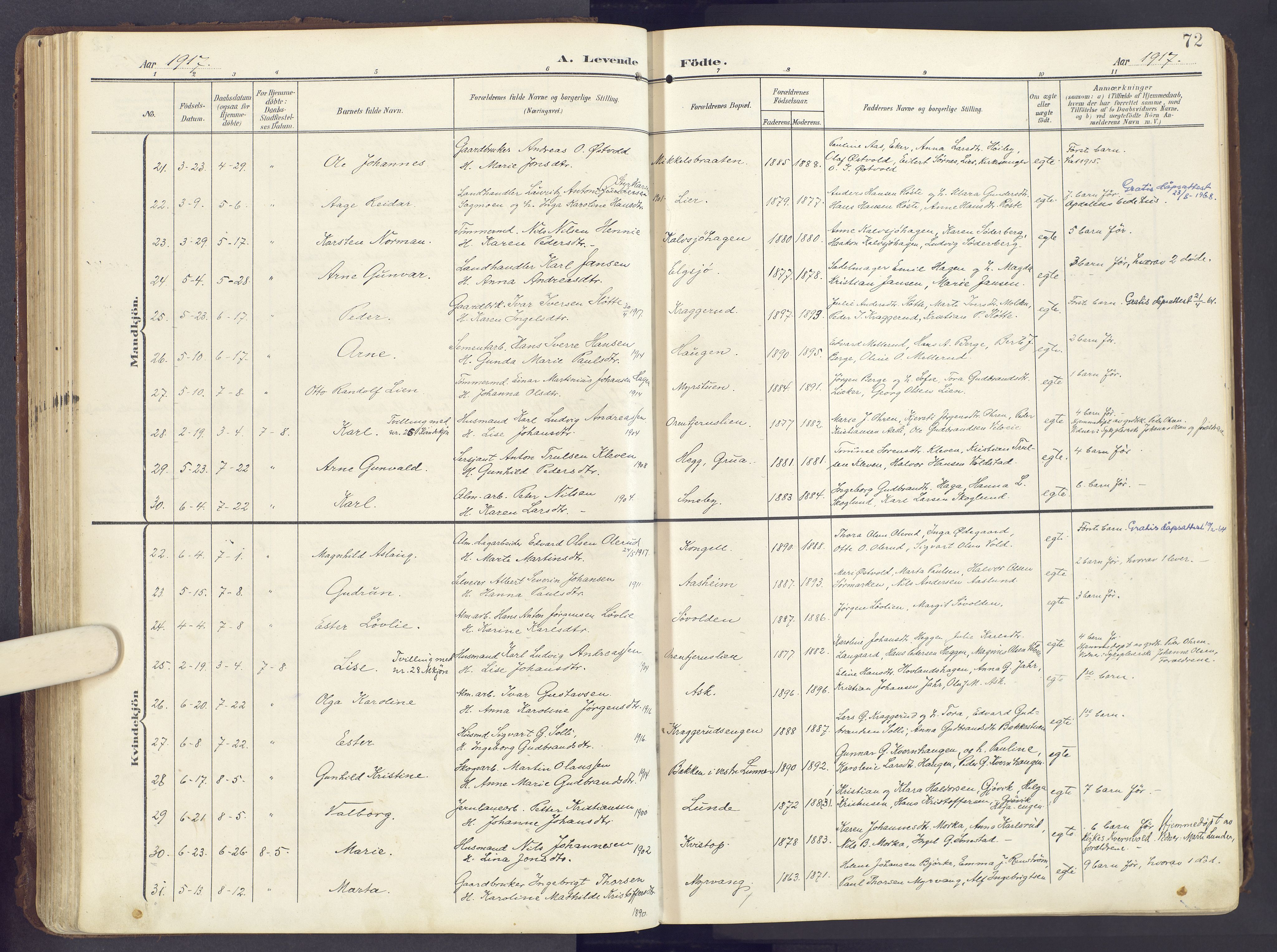 Lunner prestekontor, AV/SAH-PREST-118/H/Ha/Haa/L0001: Parish register (official) no. 1, 1907-1922, p. 72