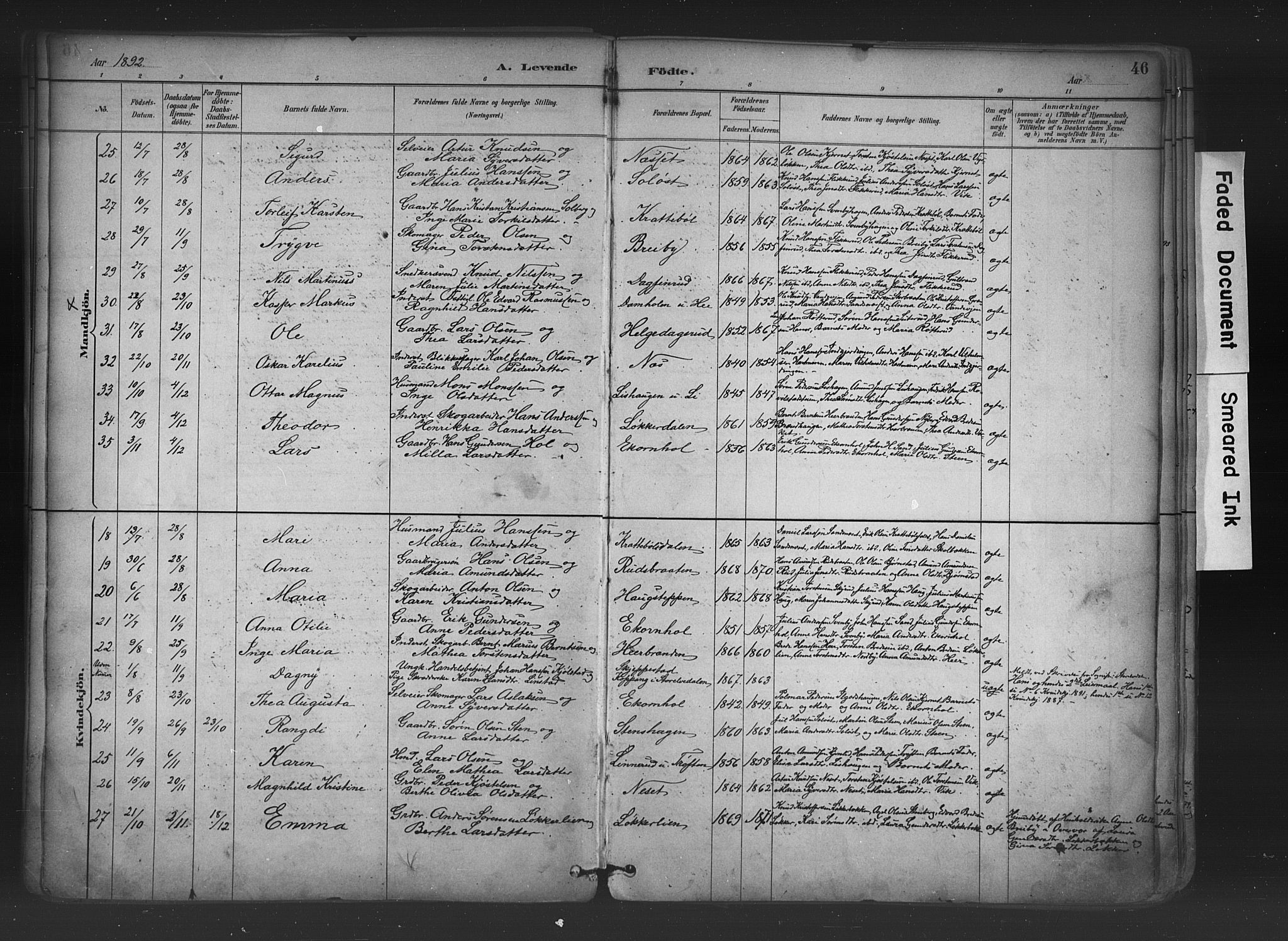 Nord-Odal prestekontor, SAH/PREST-032/H/Ha/Haa/L0006: Parish register (official) no. 6, 1886-1901, p. 46