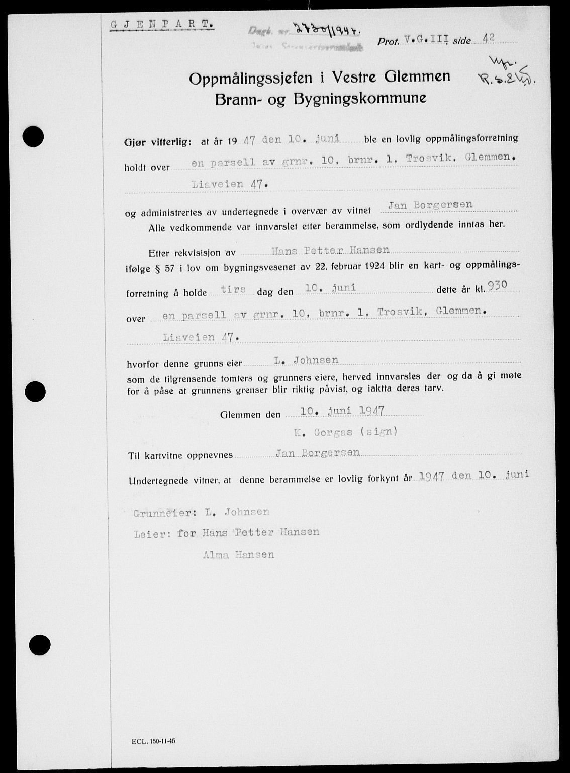 Onsøy sorenskriveri, SAO/A-10474/G/Ga/Gab/L0021: Mortgage book no. II A-21, 1947-1947, Diary no: : 2730/1947