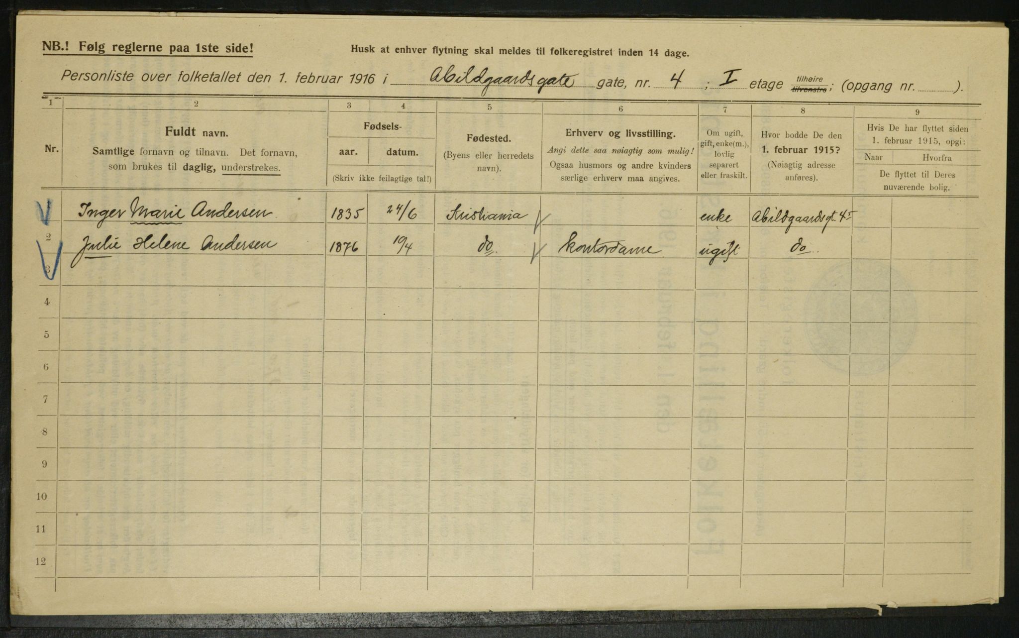 OBA, Municipal Census 1916 for Kristiania, 1916, p. 19